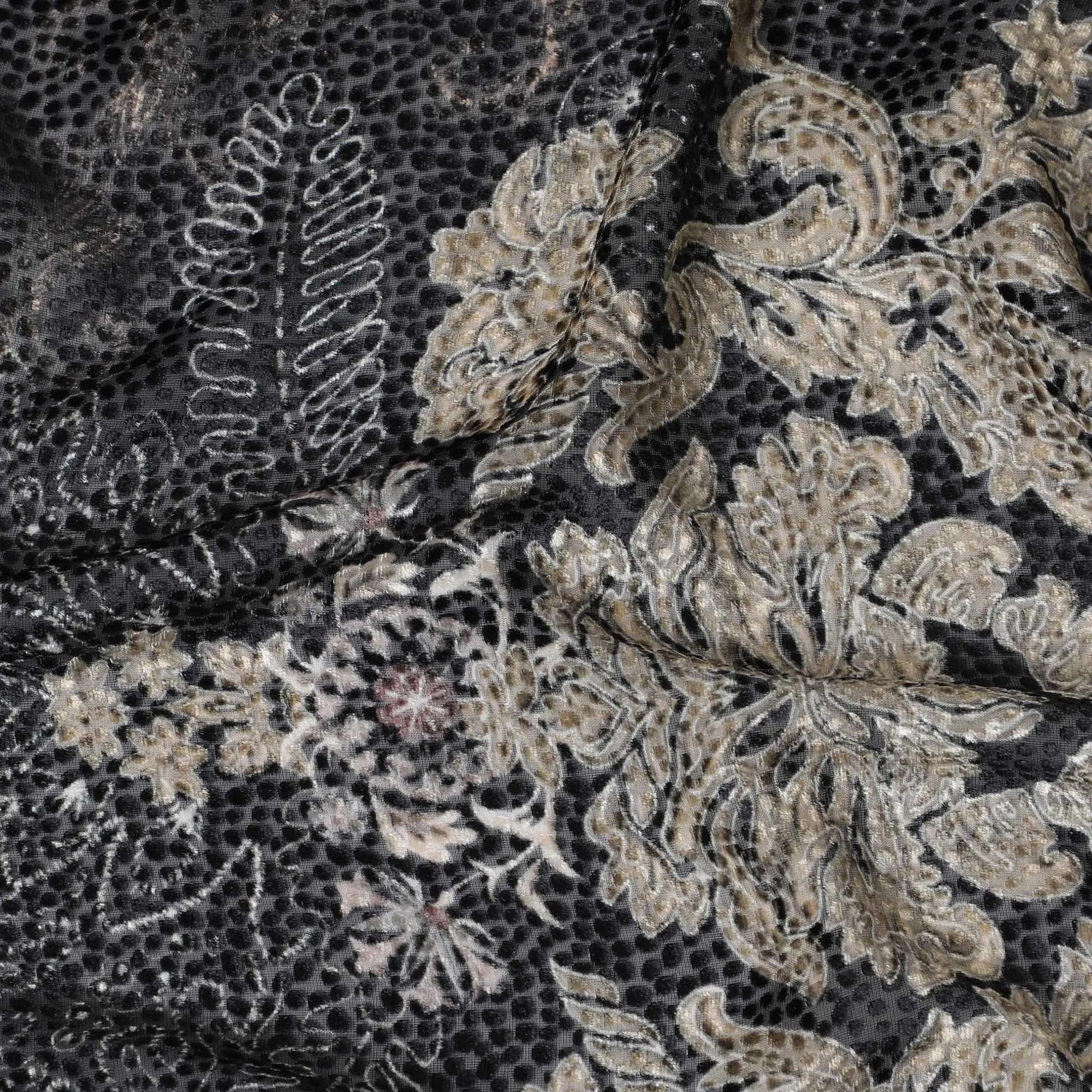 Navy blue Premium pure Italian silk blended burnout velvet fabric with beige print in fancy design-D13839