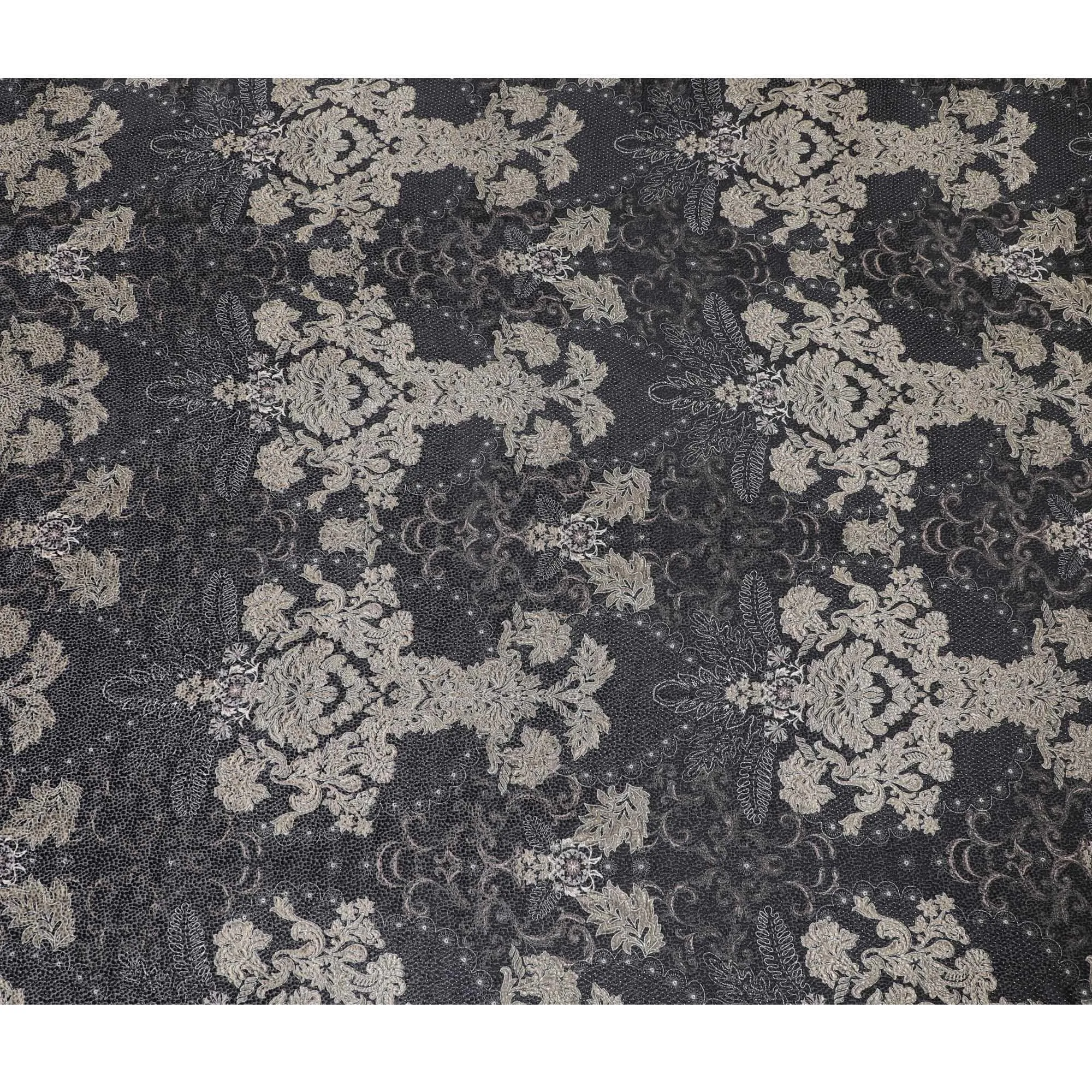 Navy blue Premium pure Italian silk blended burnout velvet fabric with beige print in fancy design-D13839