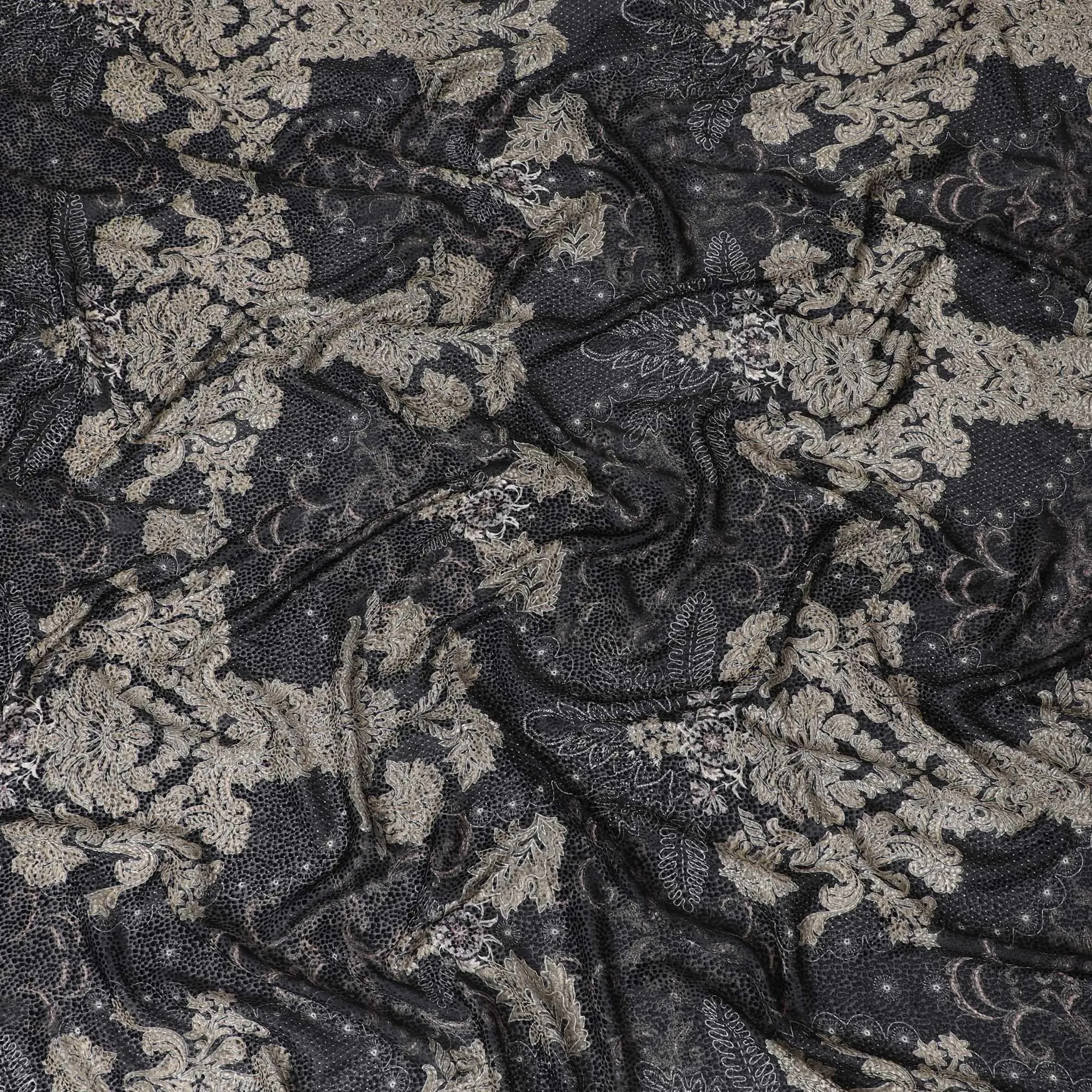 Navy blue Premium pure Italian silk blended burnout velvet fabric with beige print in fancy design-D13839