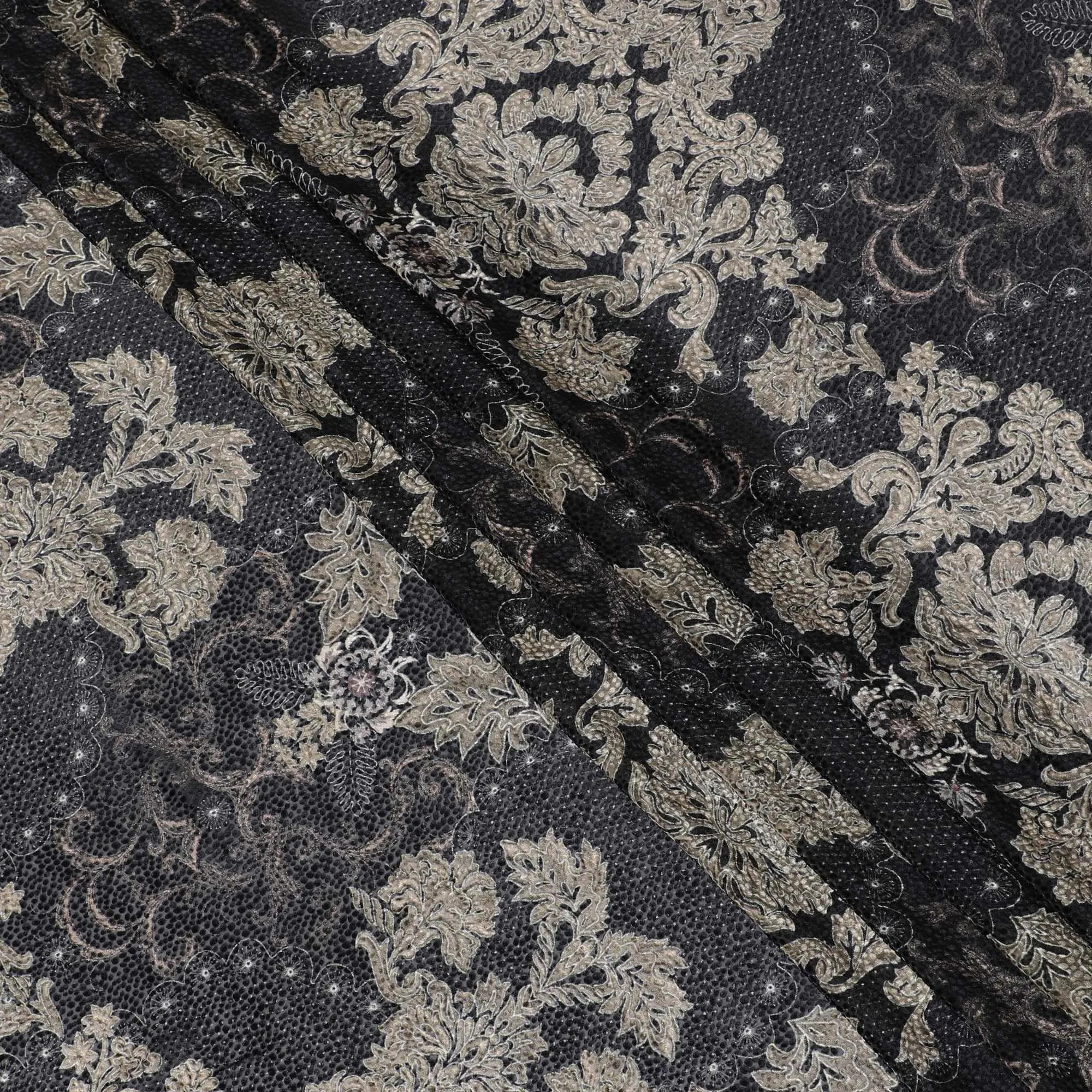 Navy blue Premium pure Italian silk blended burnout velvet fabric with beige print in fancy design-D13839