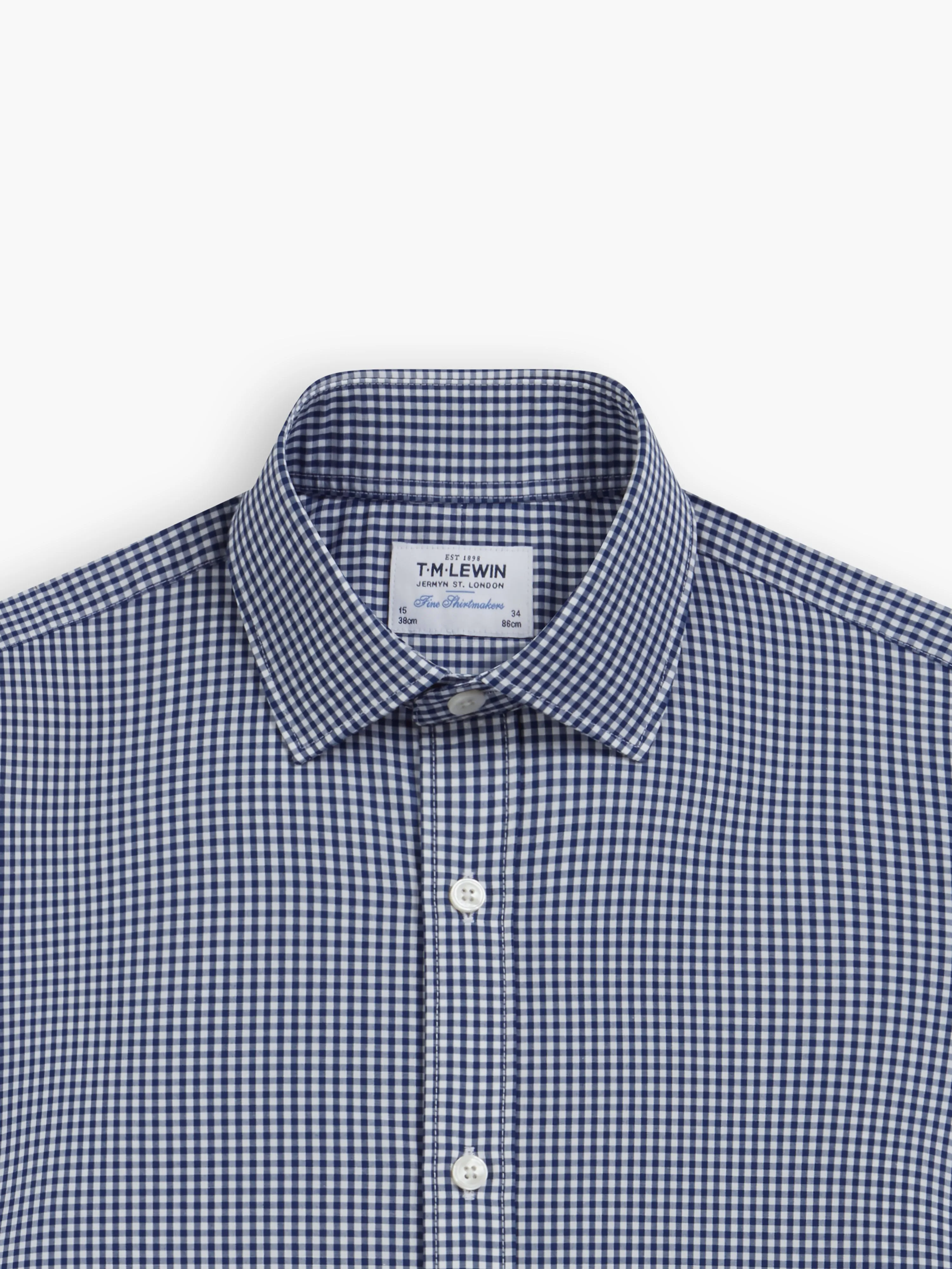 Navy Blue Small Gingham Poplin Slim Fit Double Cuff Classic Collar Shirt