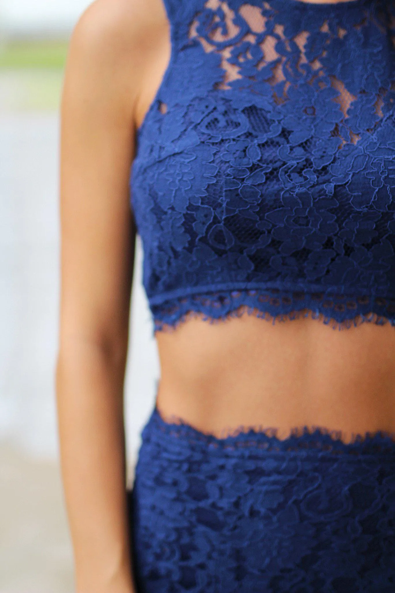 Navy Lace Crop Top and Skirt Set