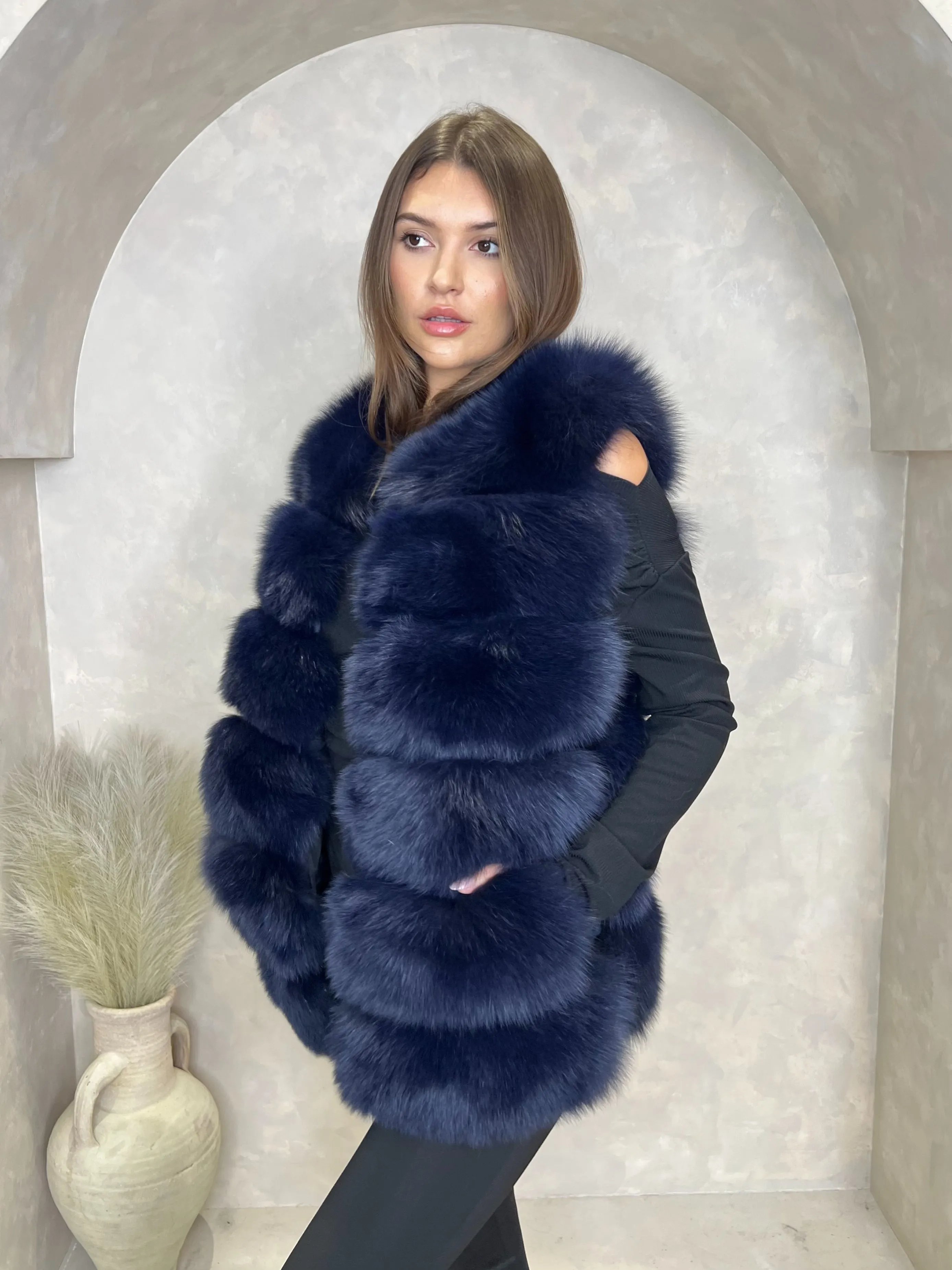 Navy Luxury Fur 6 Row Gilet