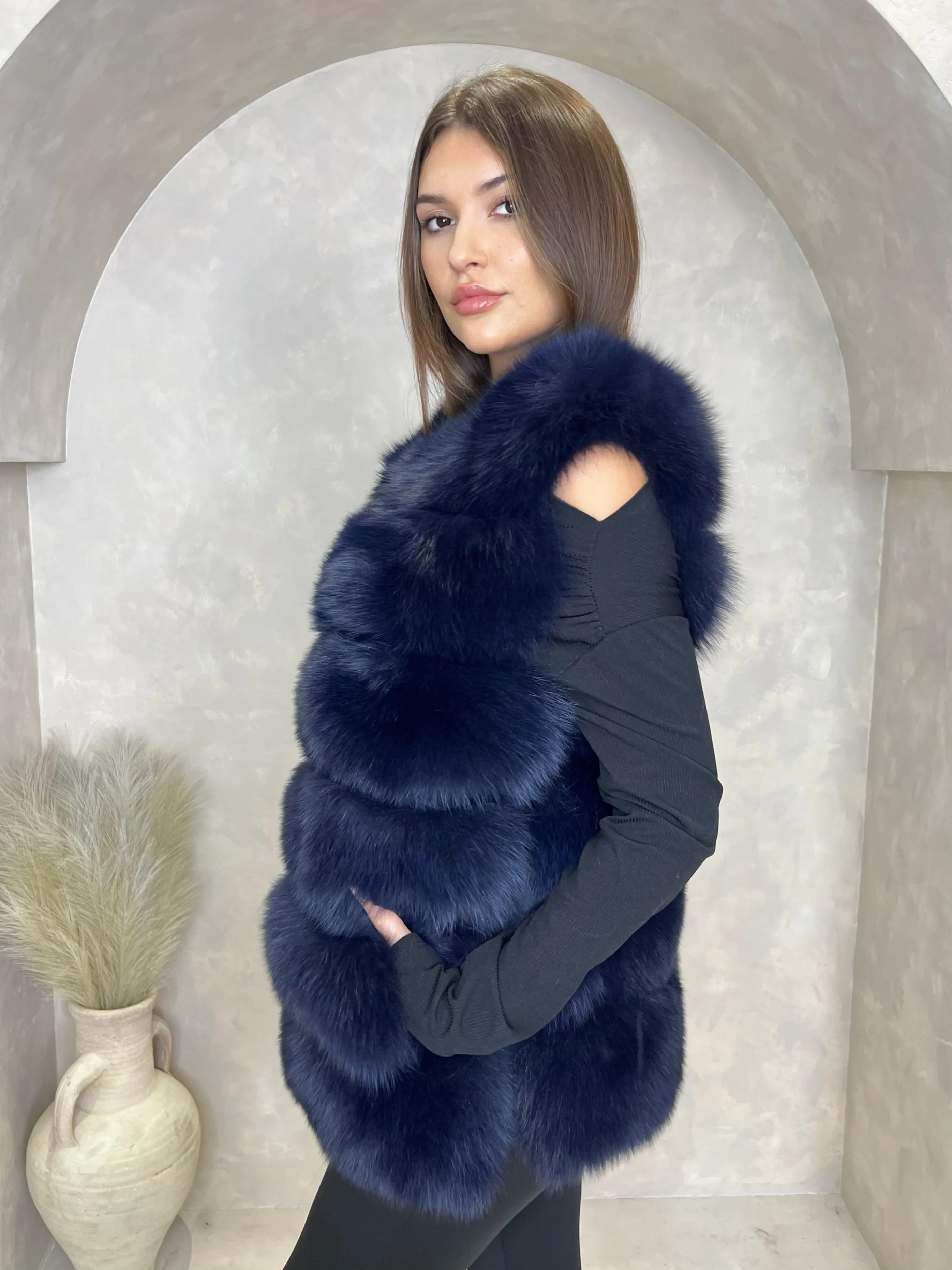 Navy Luxury Fur 6 Row Gilet