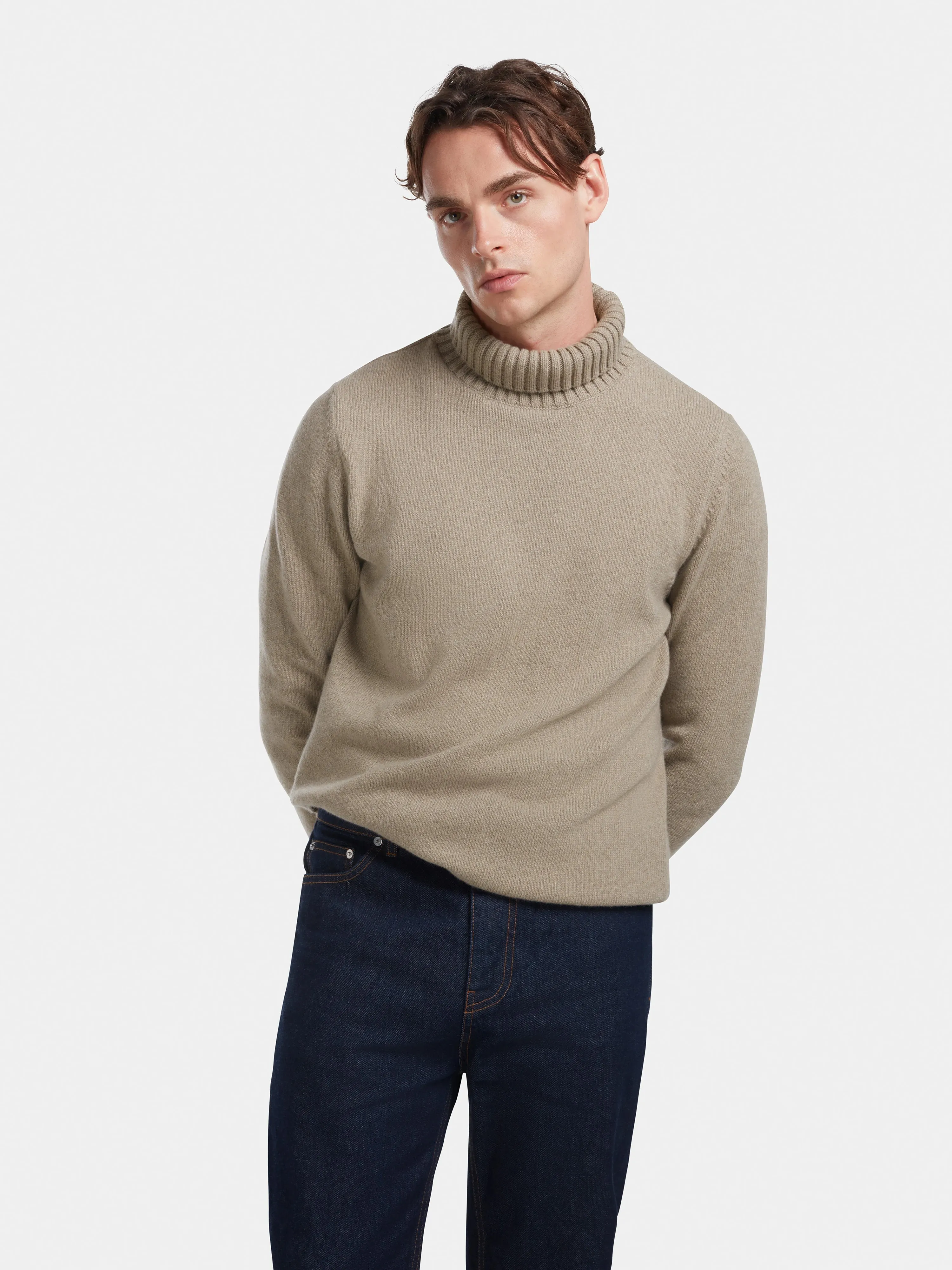 Oatmeal Cashmere Roll Neck Jumper