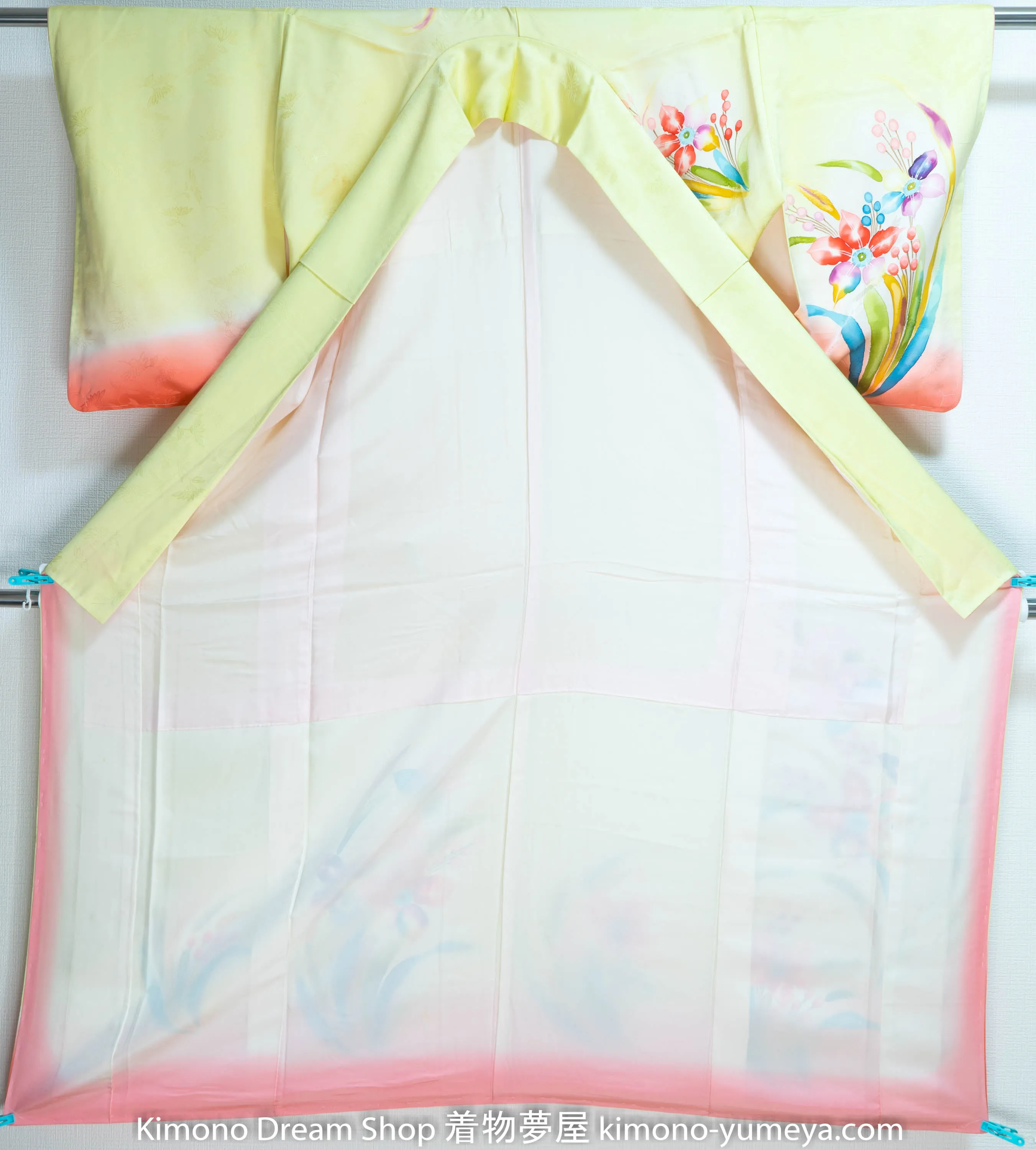 Okinawan   Watercolor Fading Style Houmongi Unused Silk Formal Kimono Green Pink Multicolored Floral