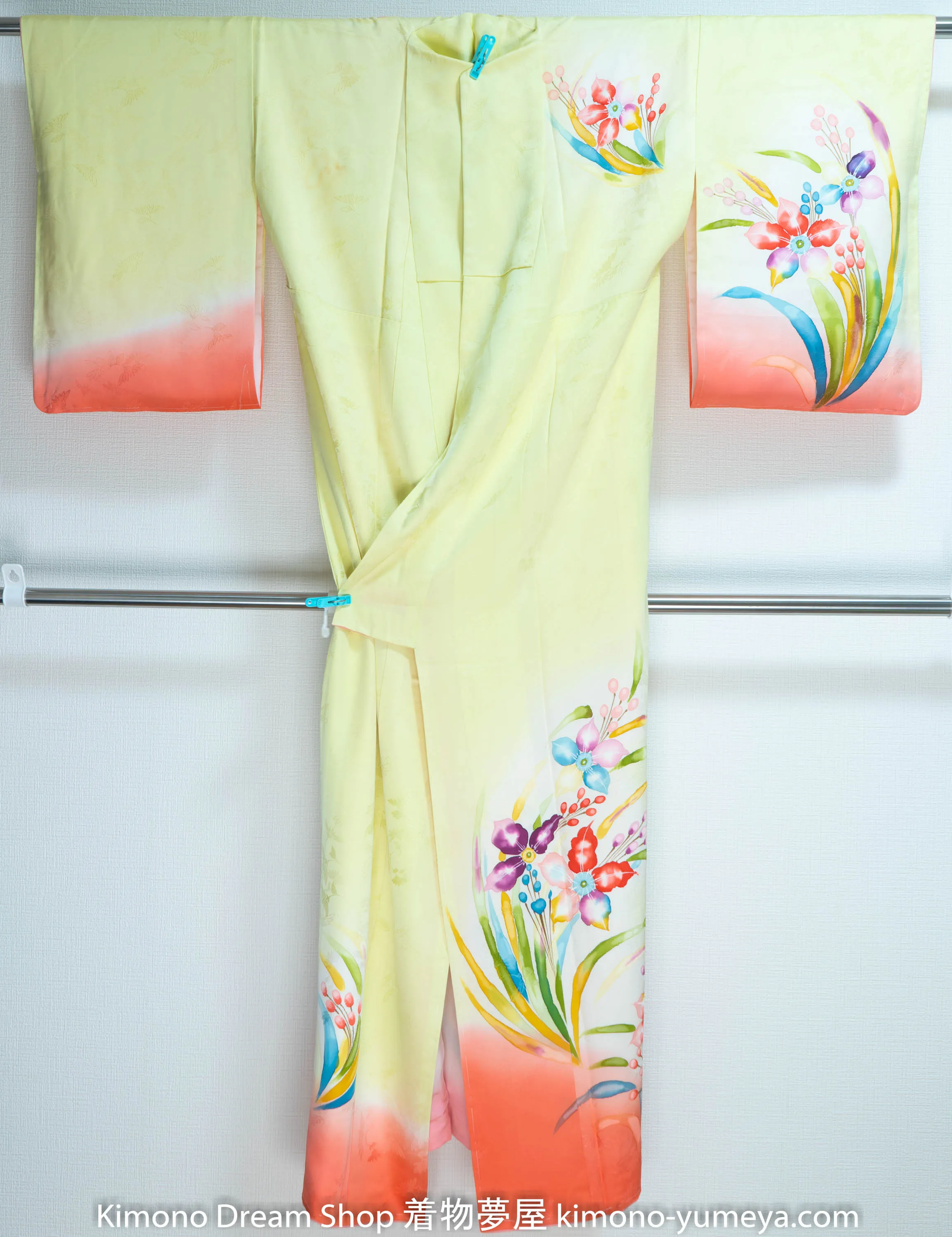 Okinawan   Watercolor Fading Style Houmongi Unused Silk Formal Kimono Green Pink Multicolored Floral