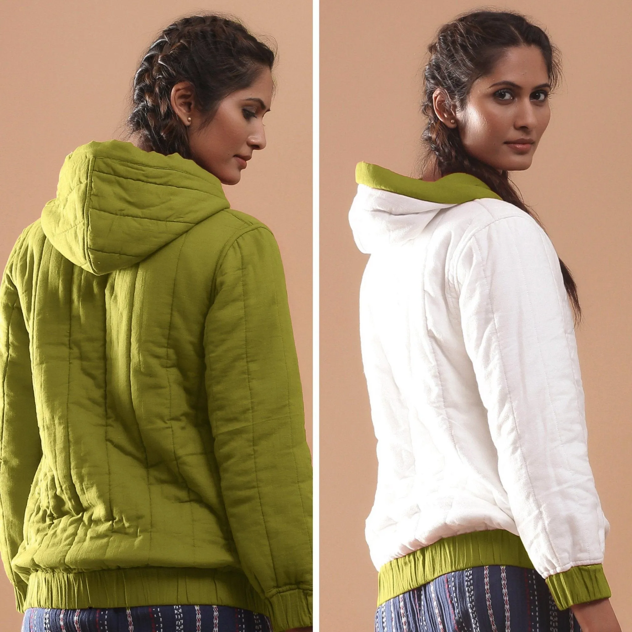 Olive Green Warm Cotton Reversible Quilted Hoodie Jacket