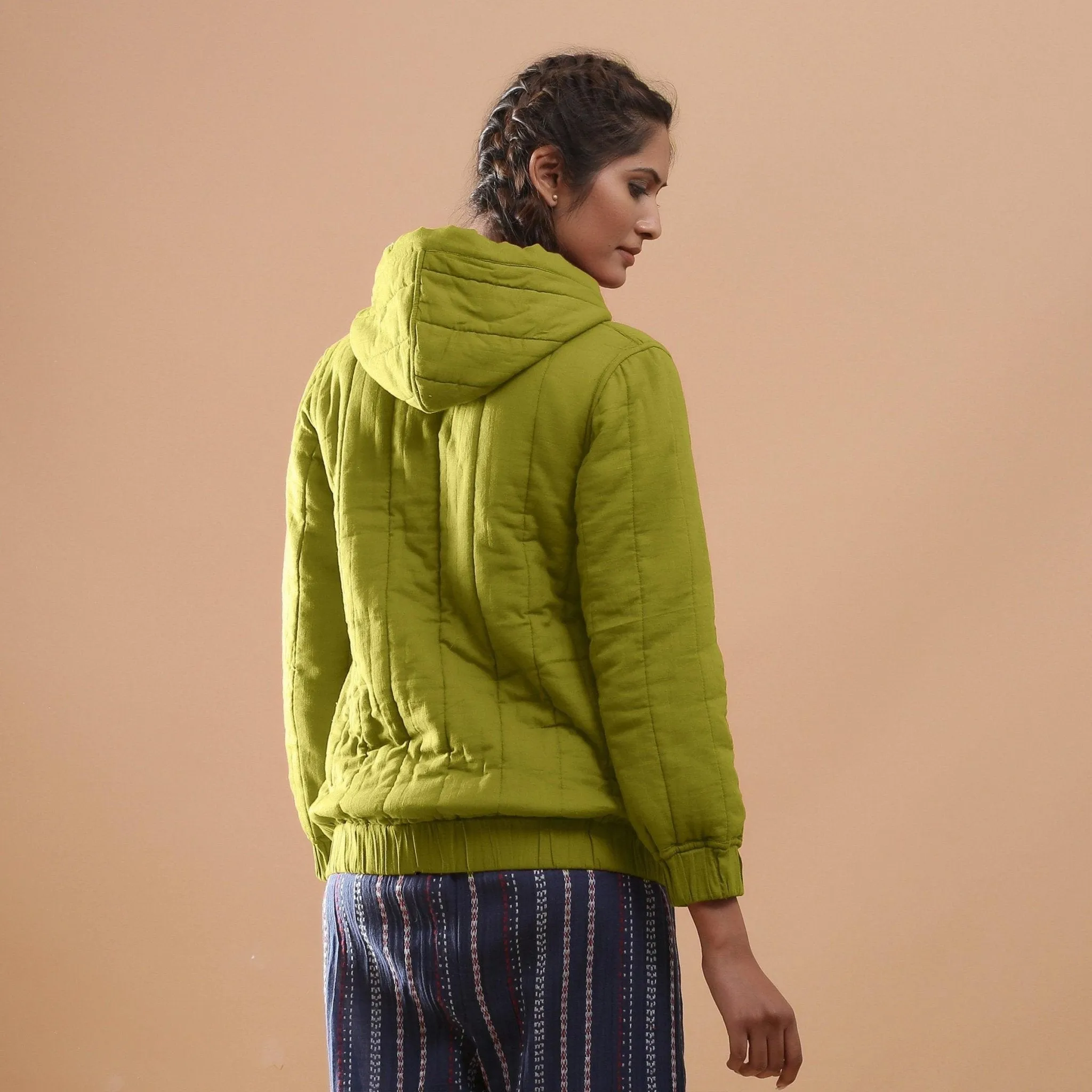 Olive Green Warm Cotton Reversible Quilted Hoodie Jacket