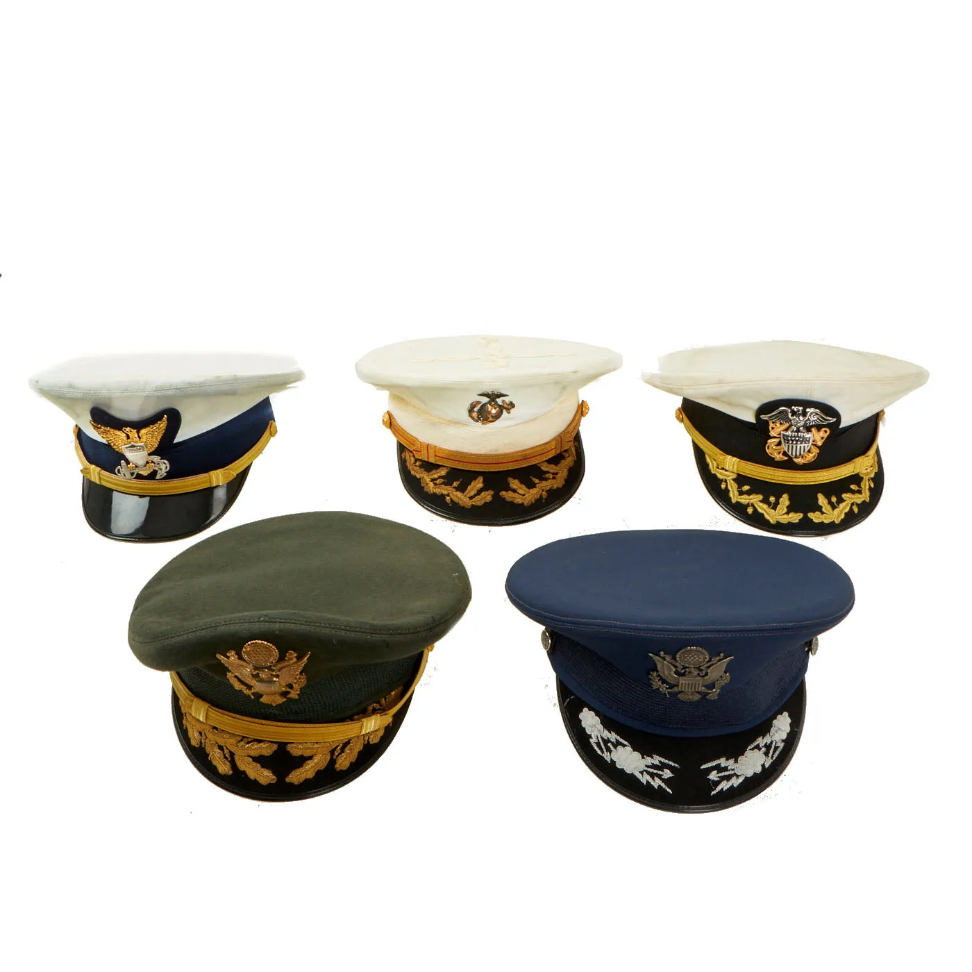 Original U.S. All Branches Service Peaked Visors USMC, Named USAF Visor, Named USCG 22nd Commandant Visor, USN & Army - Formerly Part the Tower of London Yeoman Warders Club Collection - 5 Items