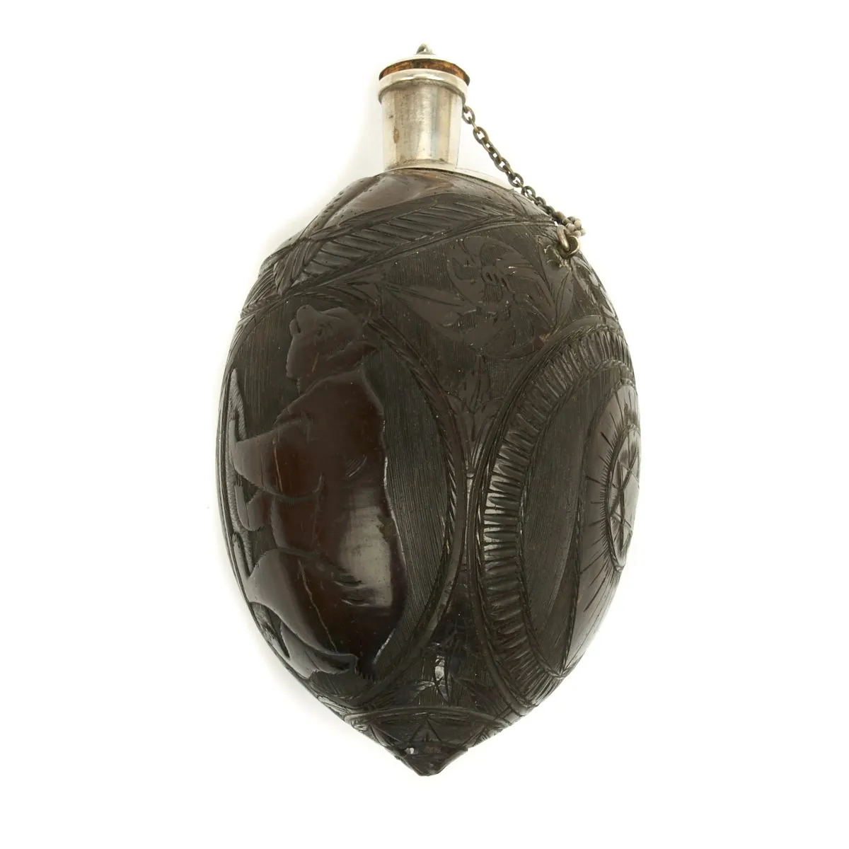 Original U.S. California Gold Rush Carved Coconut Shell Flask named to Alexander Van Valen - Dated 1849