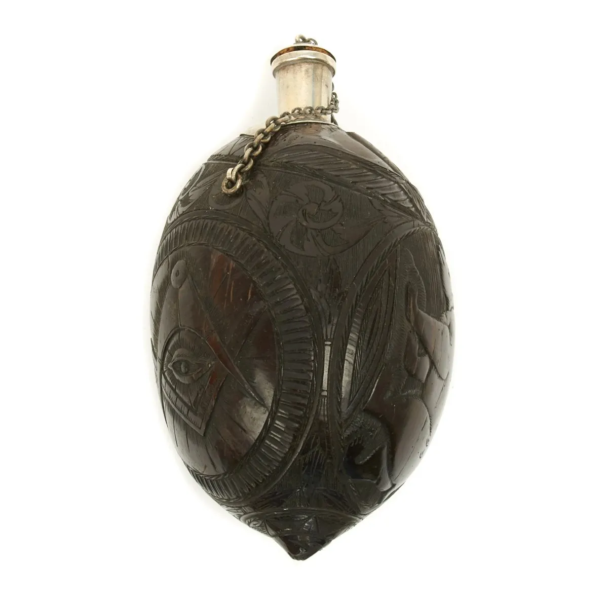 Original U.S. California Gold Rush Carved Coconut Shell Flask named to Alexander Van Valen - Dated 1849