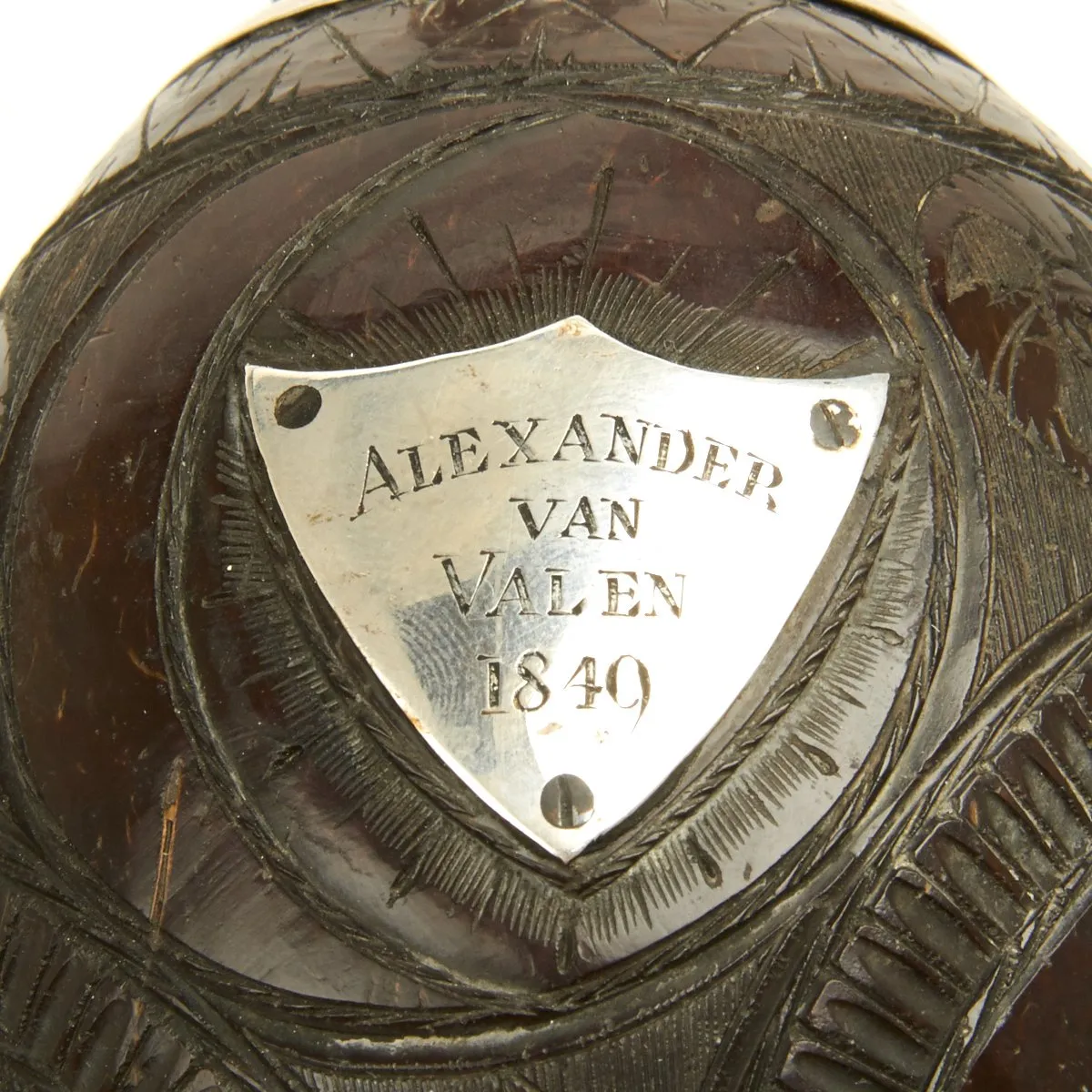 Original U.S. California Gold Rush Carved Coconut Shell Flask named to Alexander Van Valen - Dated 1849