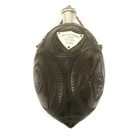 Original U.S. California Gold Rush Carved Coconut Shell Flask named to Alexander Van Valen - Dated 1849