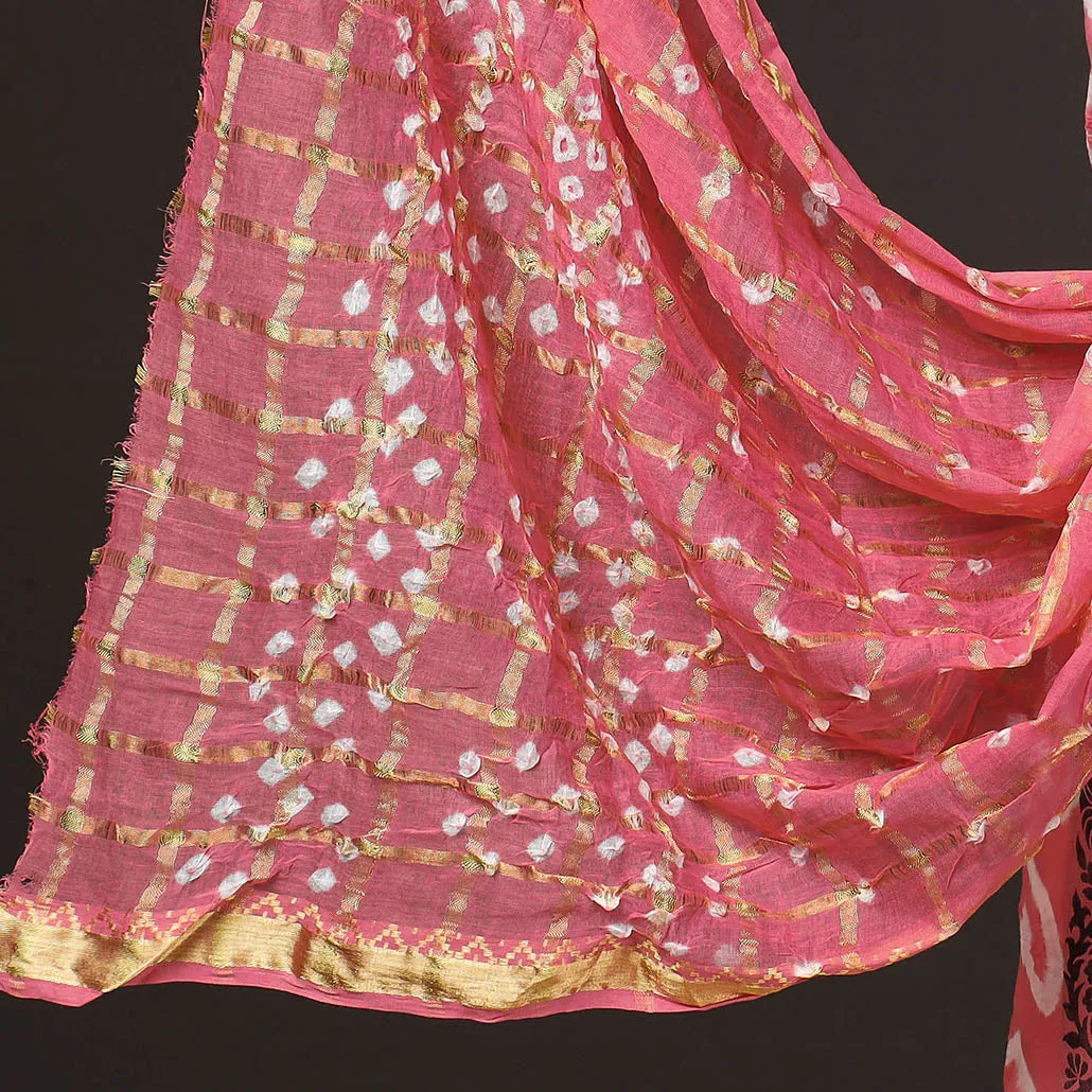 Pink - 3pc Kutch Bandhani & Shibori Tie-Dye Cotton Suit Material Set