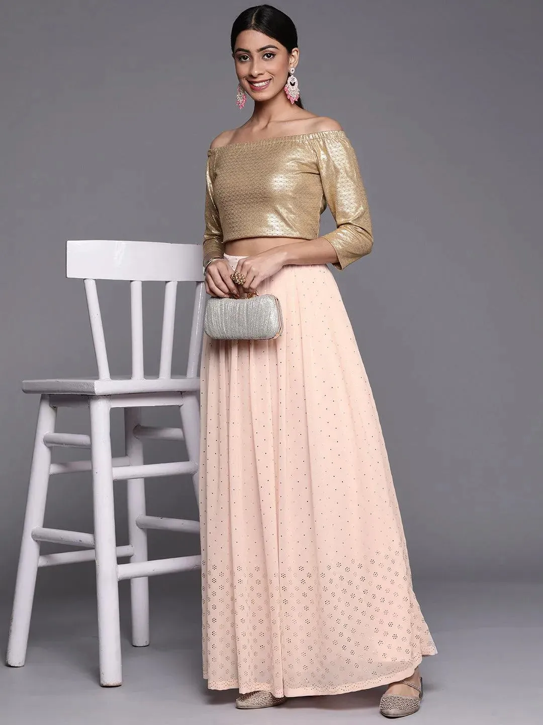 Pink Embellished Georgette Skirt