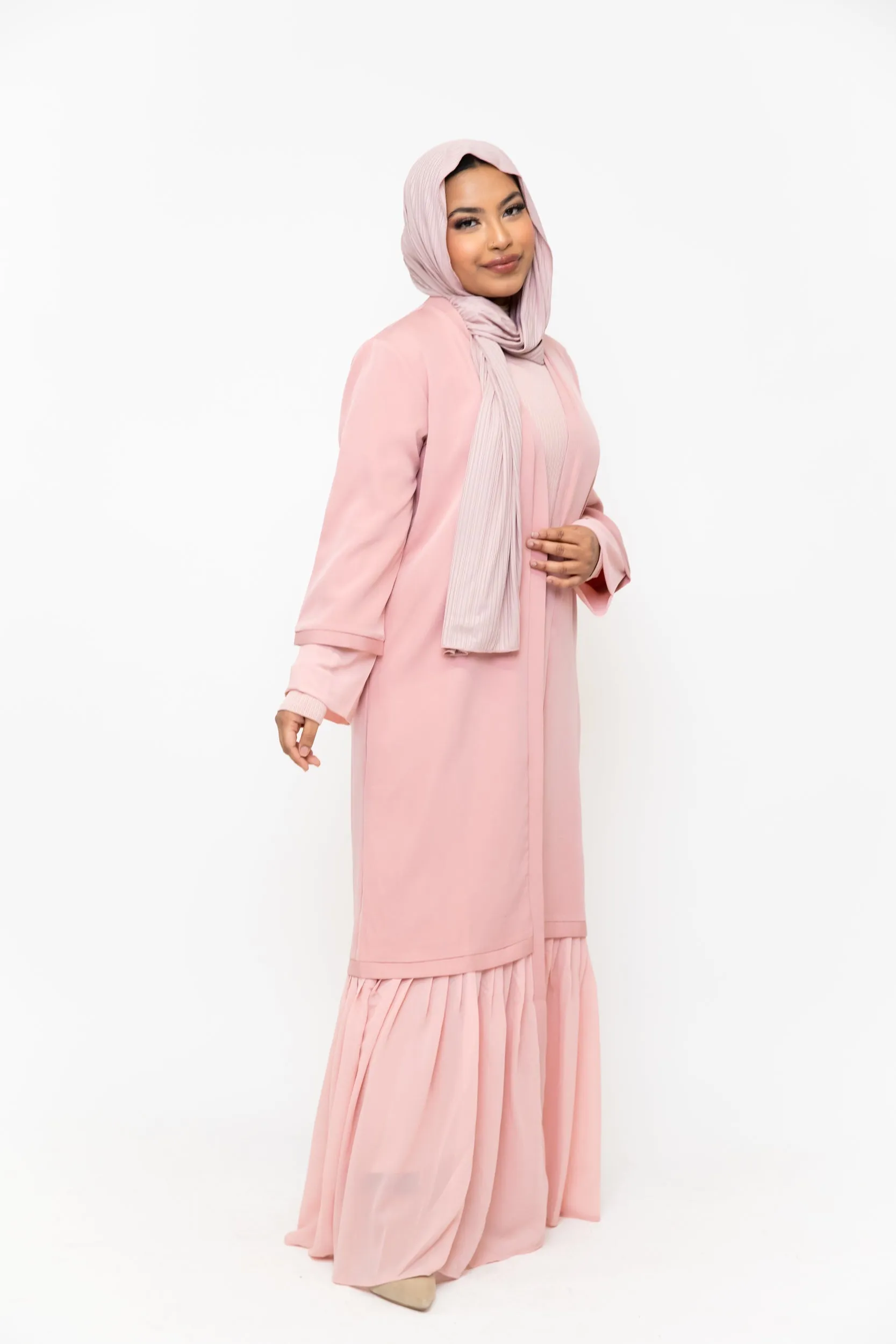 Pink Ruffle Open Front Abaya-CLEARANCE