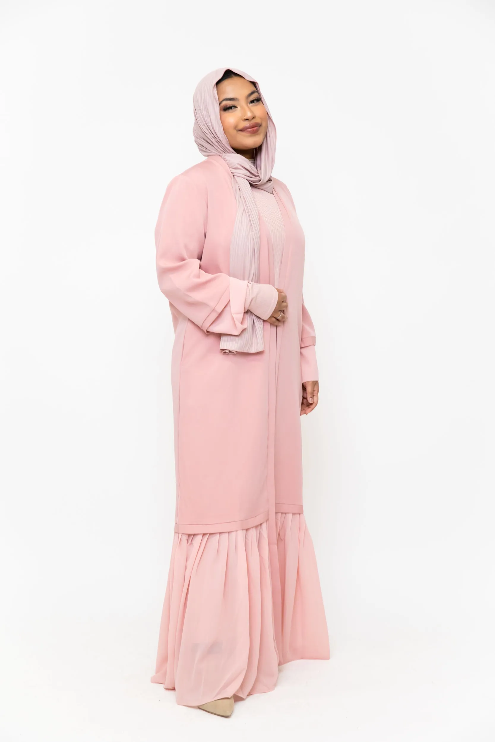 Pink Ruffle Open Front Abaya-CLEARANCE