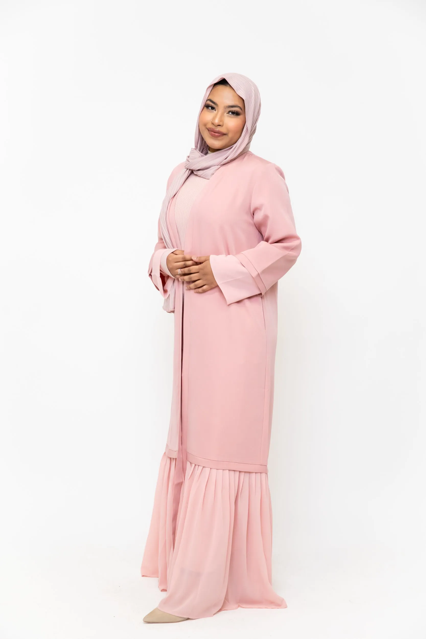 Pink Ruffle Open Front Abaya-CLEARANCE