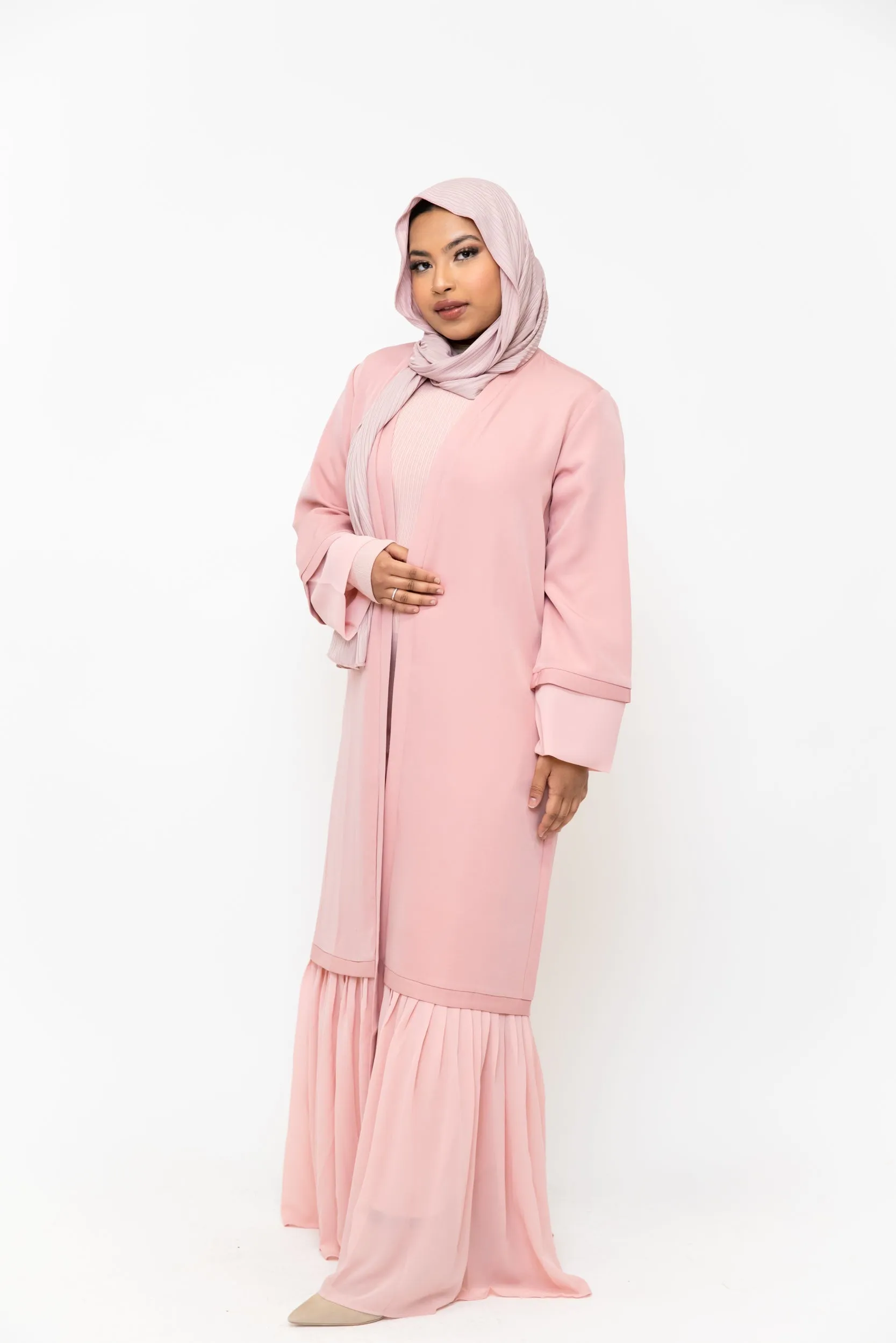 Pink Ruffle Open Front Abaya-CLEARANCE