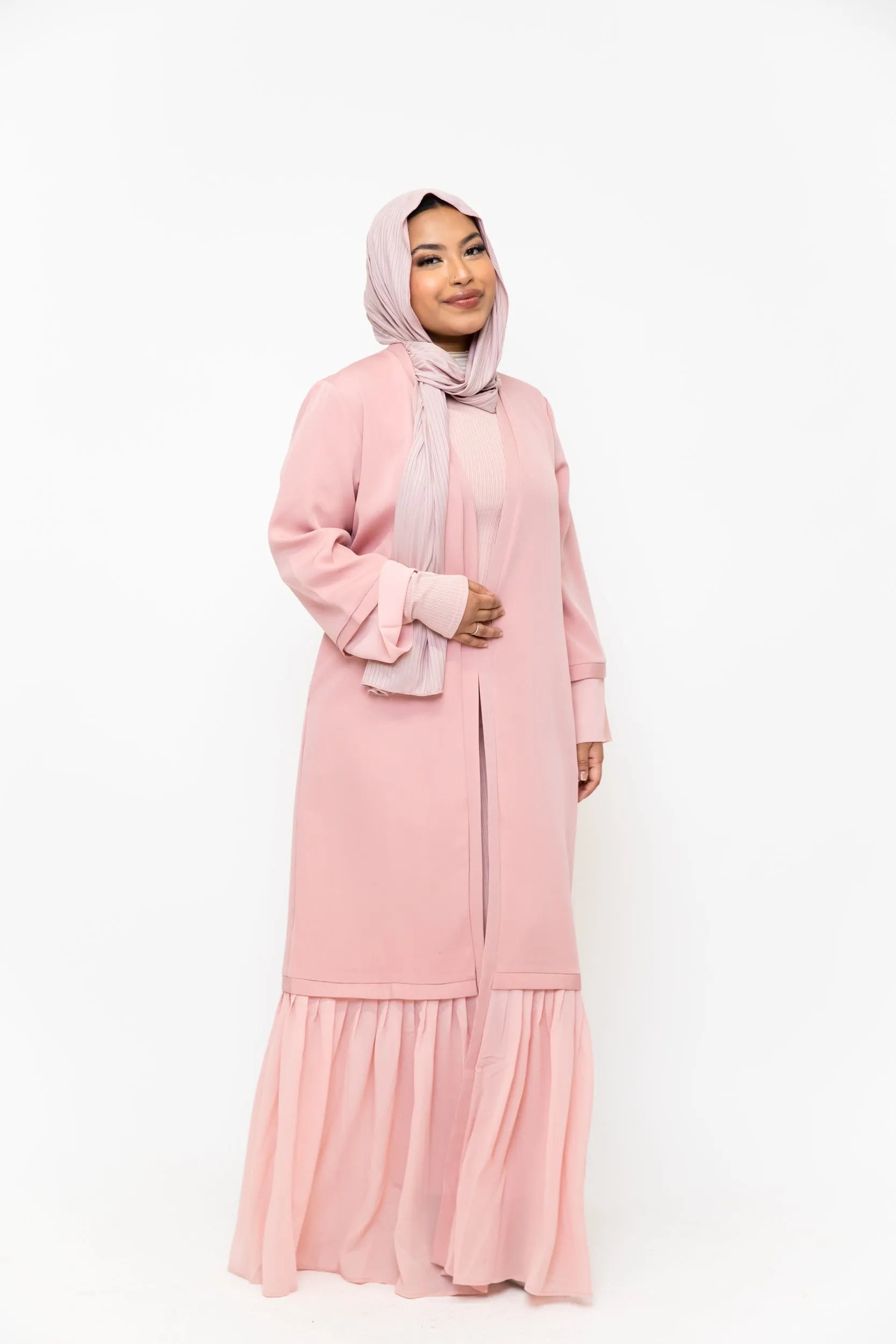 Pink Ruffle Open Front Abaya-CLEARANCE