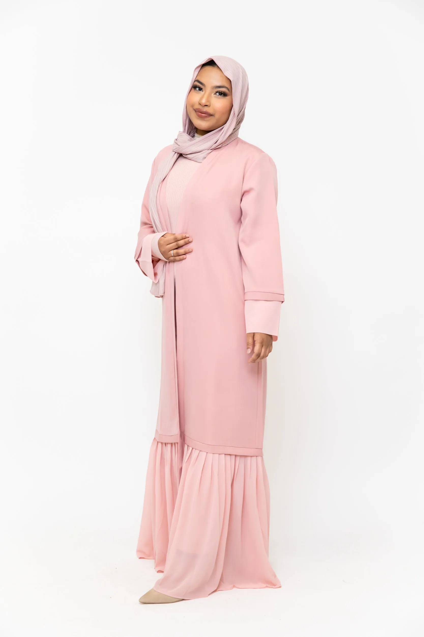 Pink Ruffle Open Front Abaya-CLEARANCE