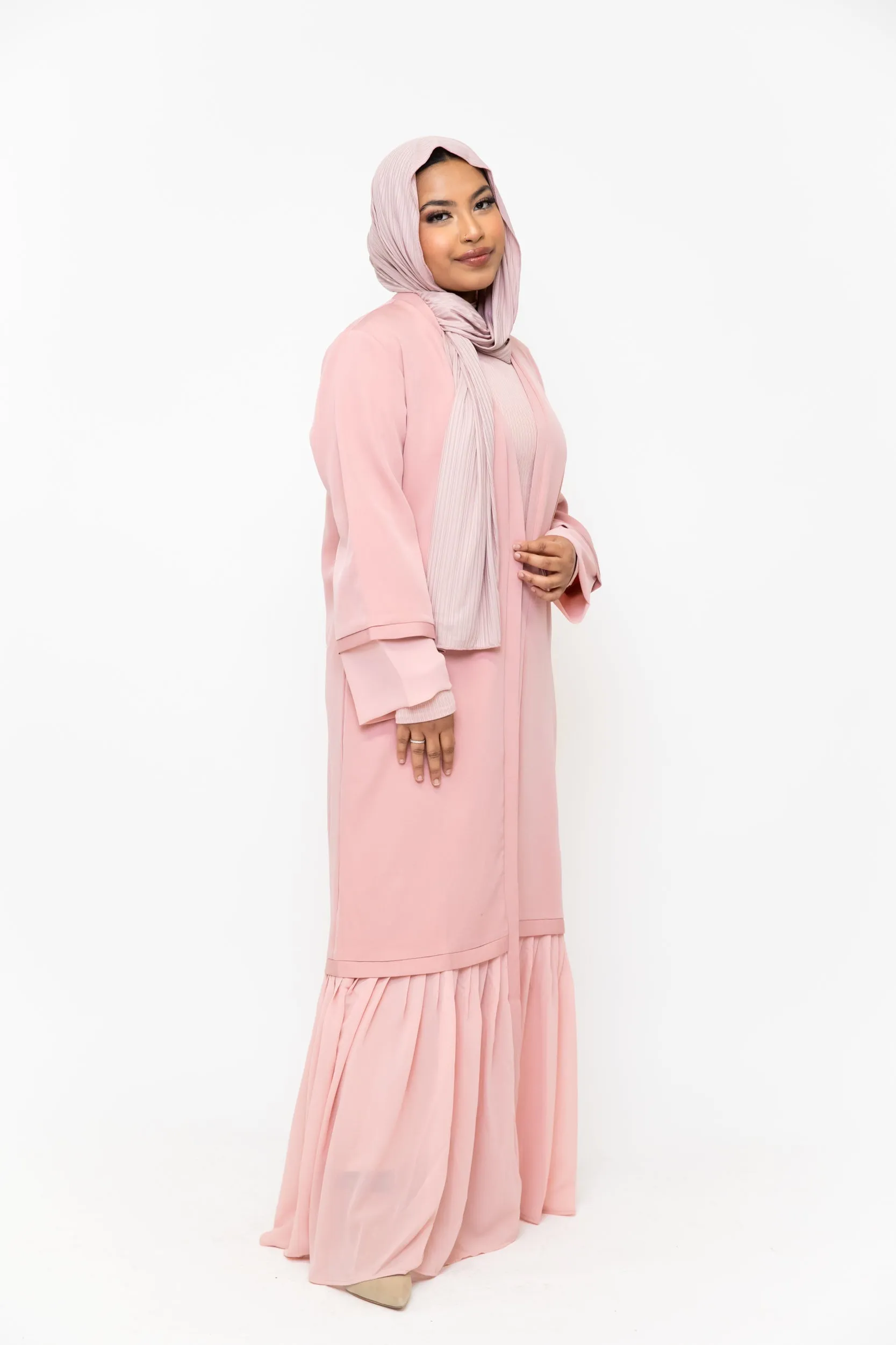 Pink Ruffle Open Front Abaya-CLEARANCE