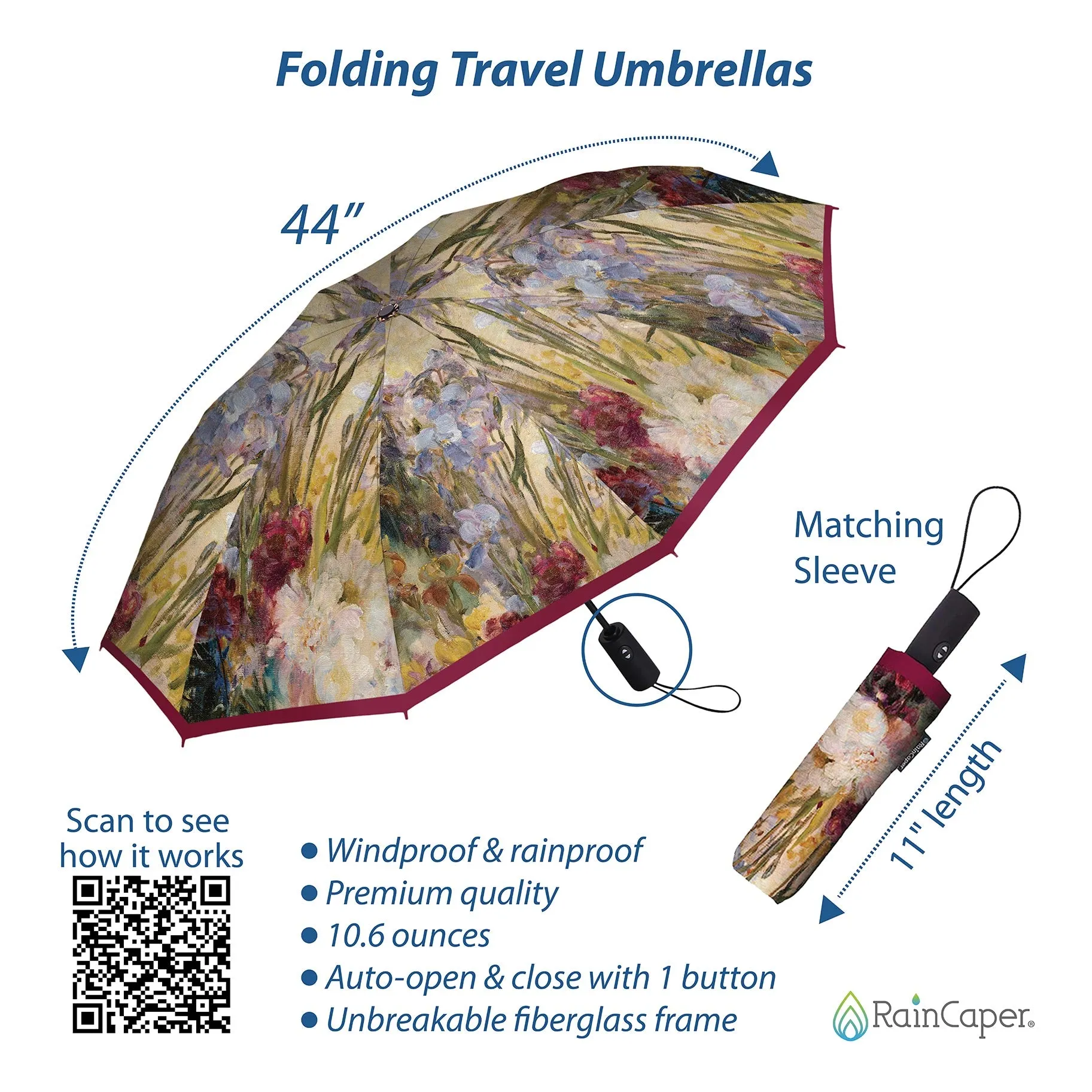 RainCaper Tiffany Peonies & Iris Folding Travel Umbrella