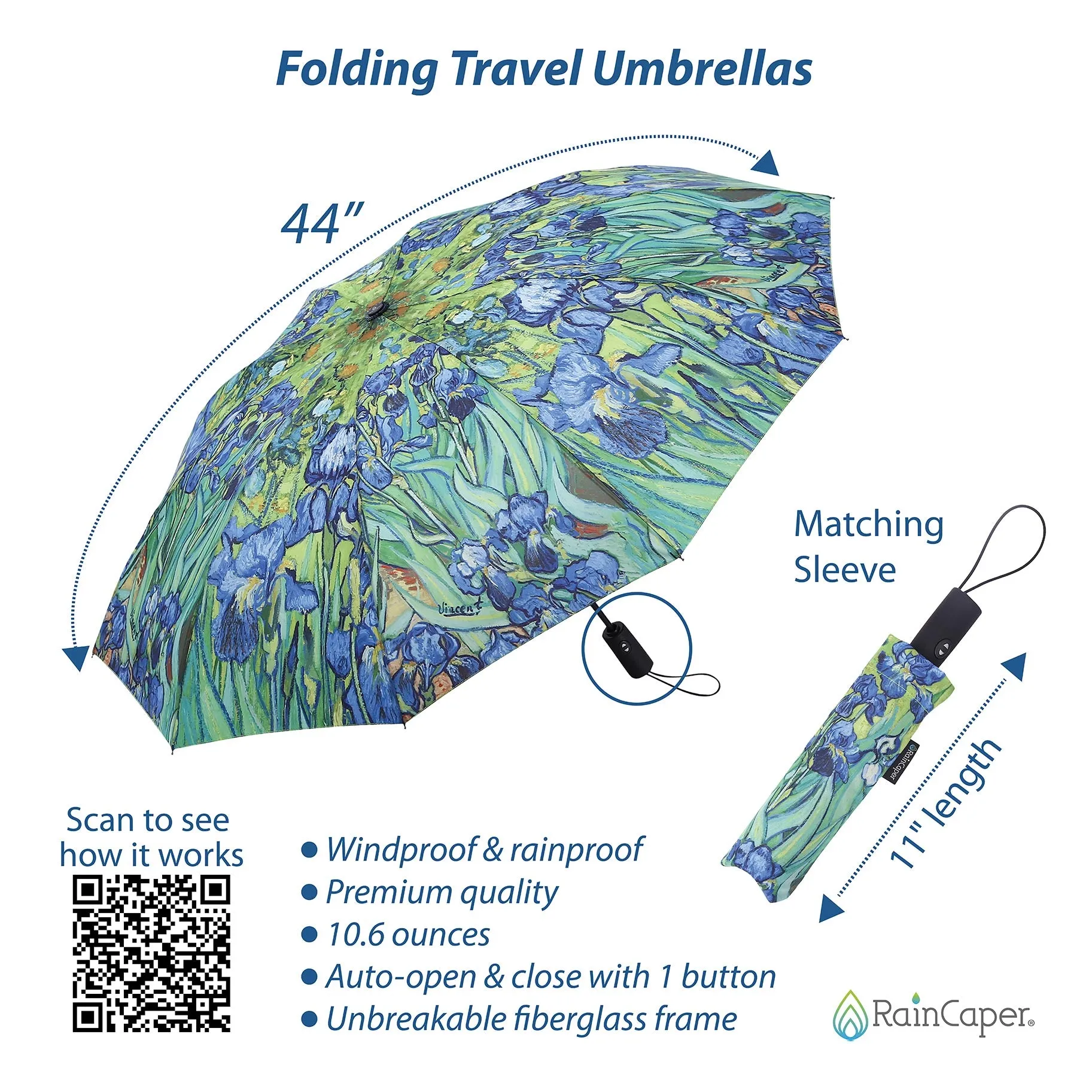 RainCaper van Gogh Irises Folding Travel Umbrella