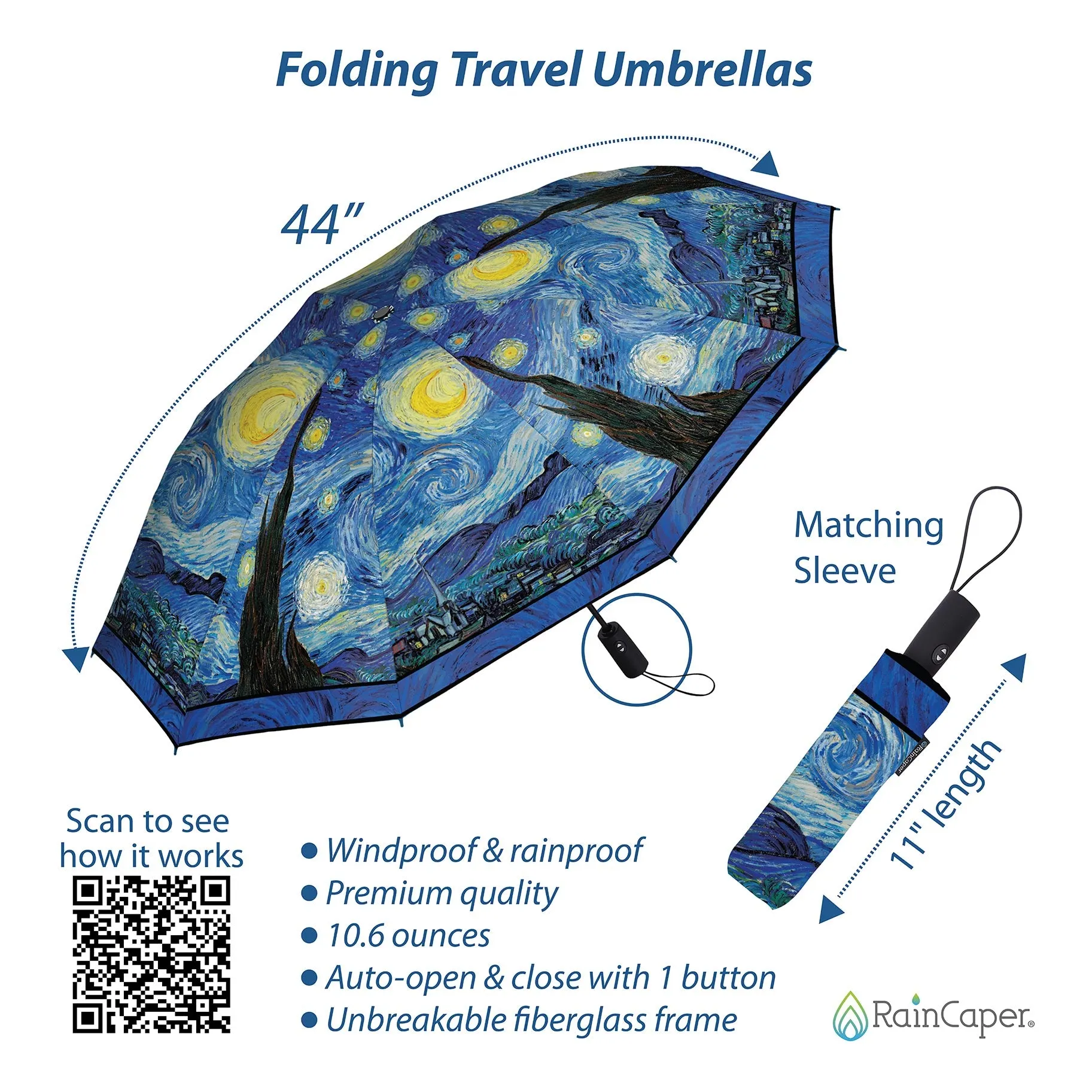 RainCaper van Gogh Starry Night Folding Travel Umbrella