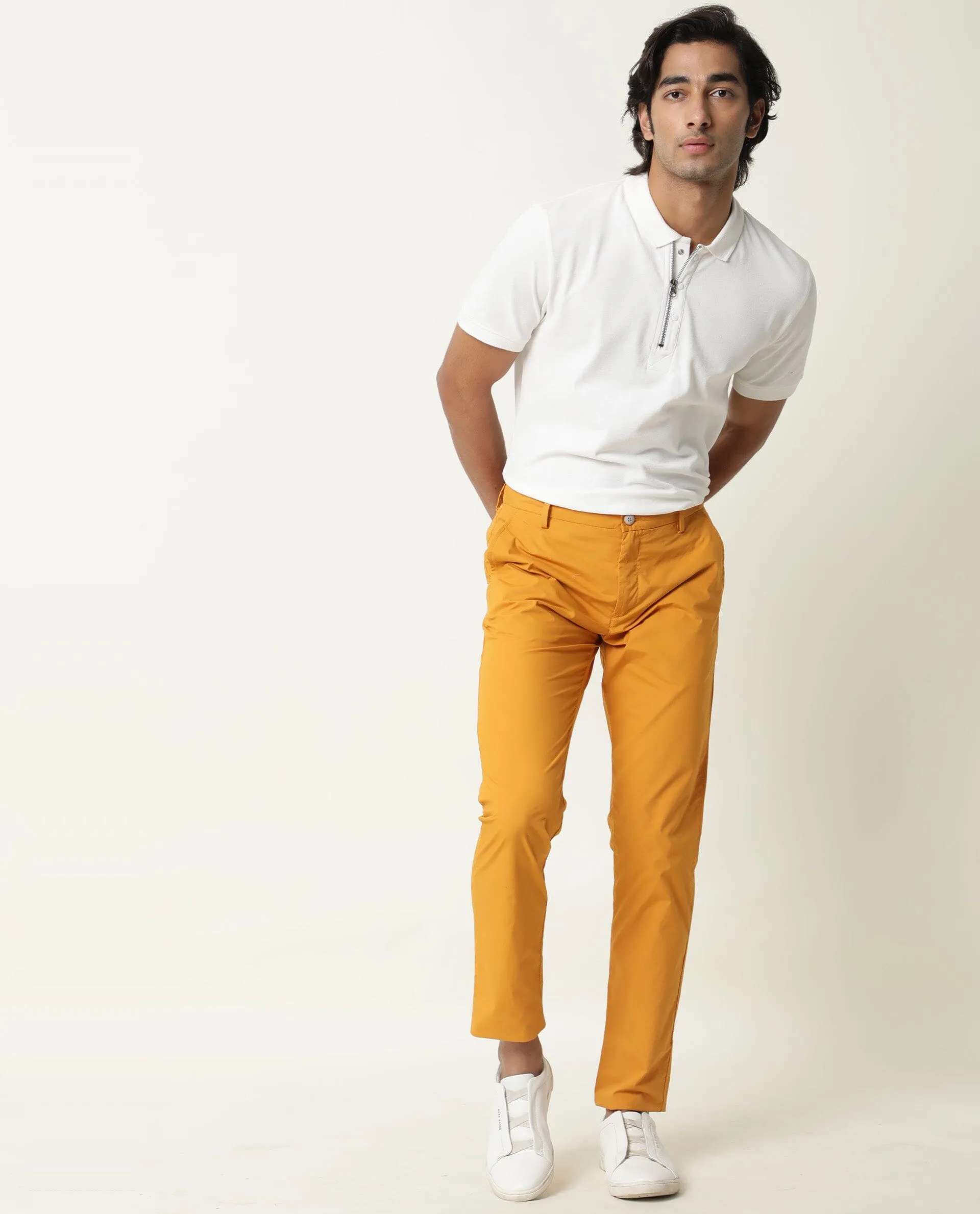 Rare Rabbit Men's Bakes Dark Mustard Solid Mid-Rise Slim Fit Trouser