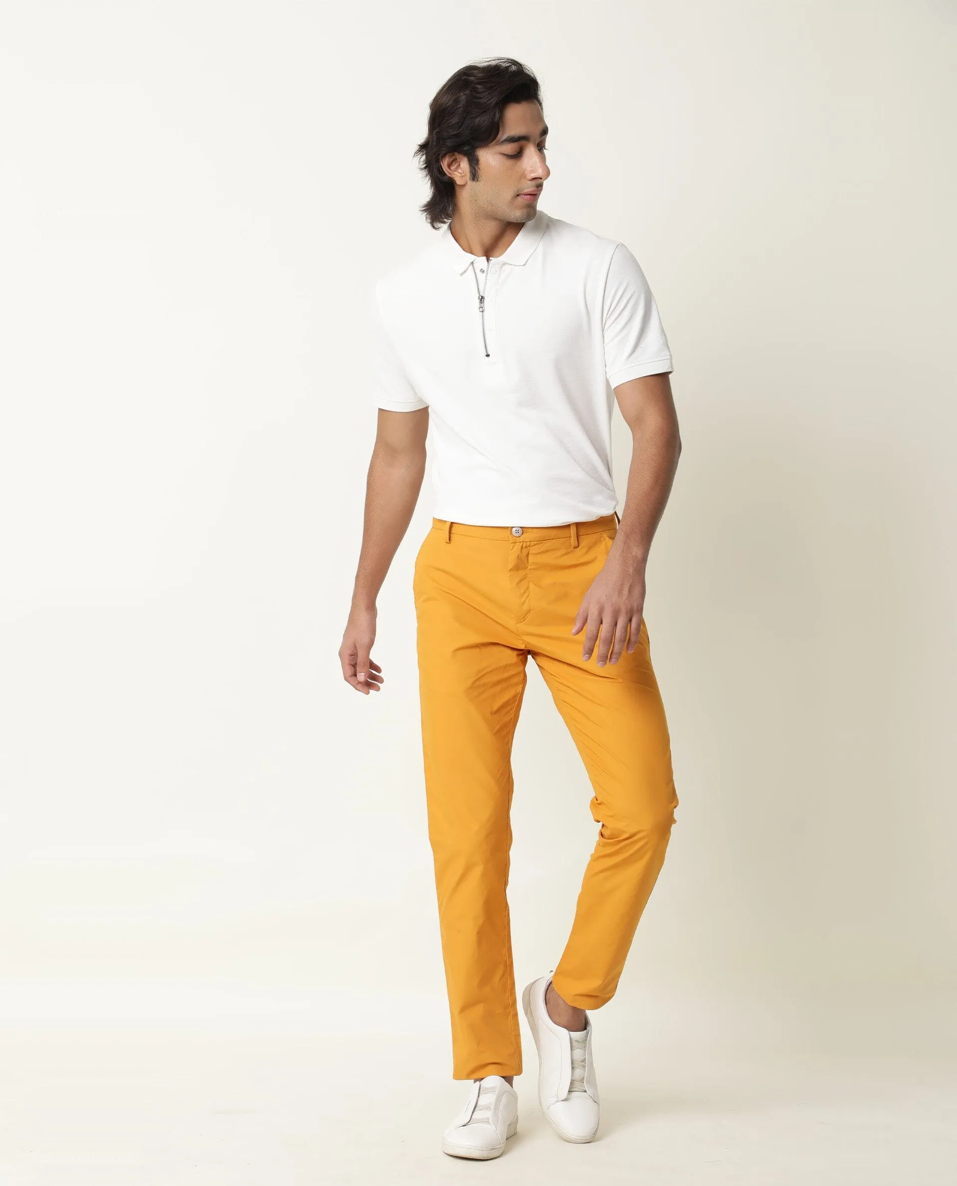 Rare Rabbit Men's Bakes Dark Mustard Solid Mid-Rise Slim Fit Trouser