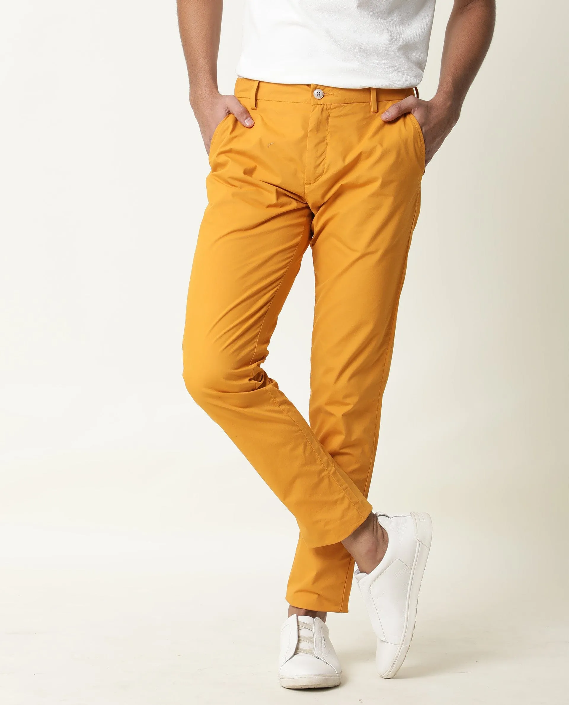 Rare Rabbit Men's Bakes Dark Mustard Solid Mid-Rise Slim Fit Trouser