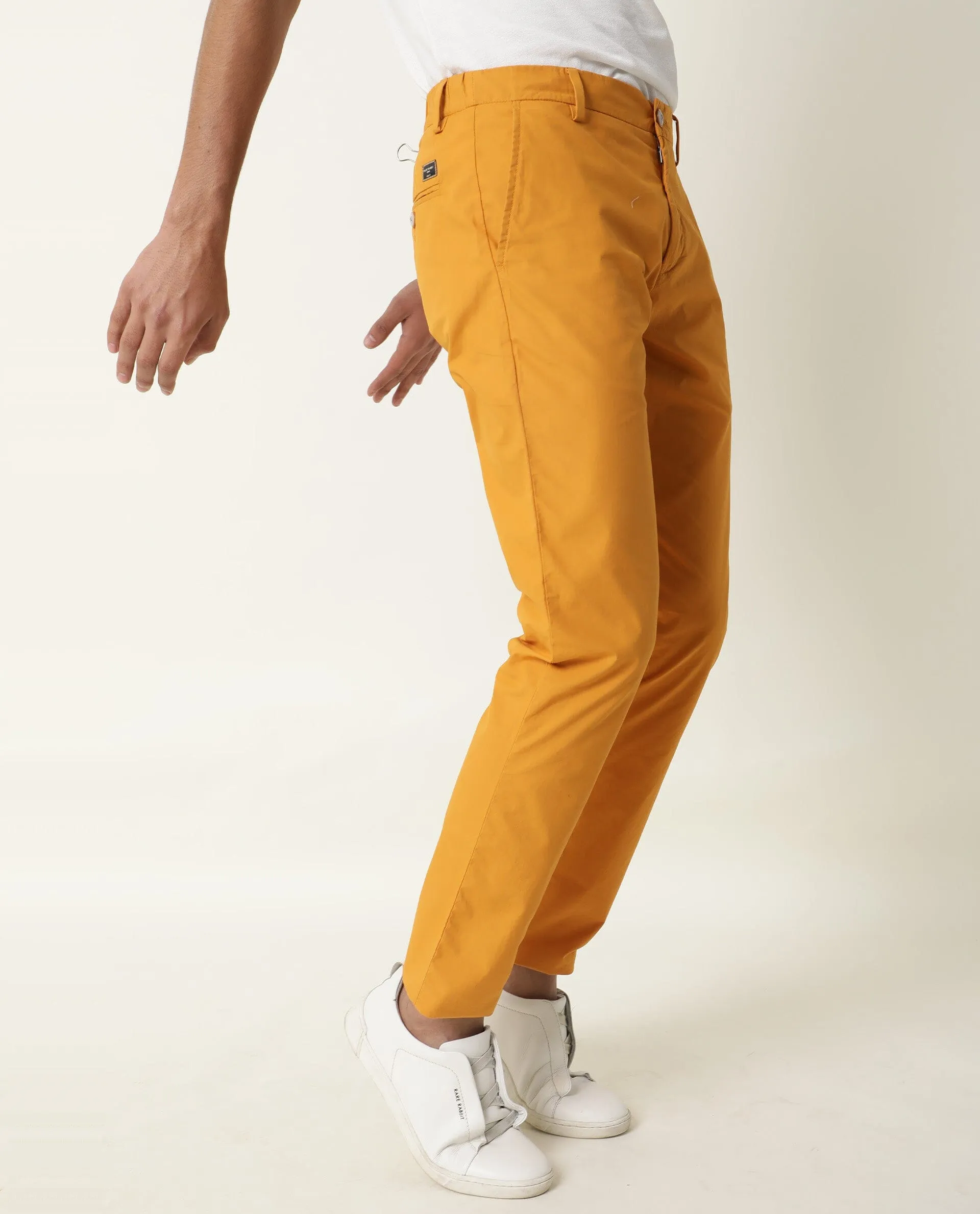 Rare Rabbit Men's Bakes Dark Mustard Solid Mid-Rise Slim Fit Trouser