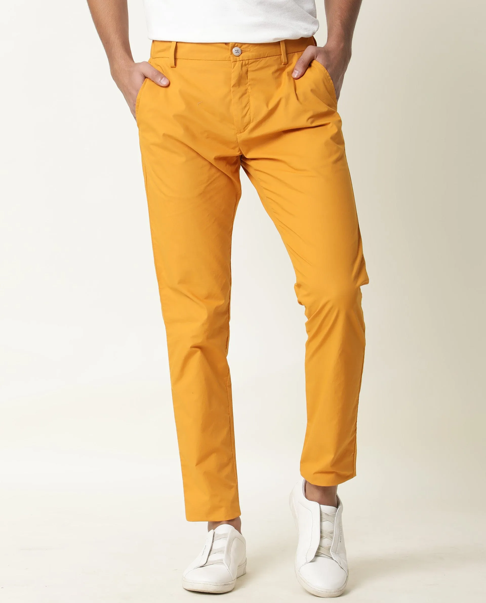 Rare Rabbit Men's Bakes Dark Mustard Solid Mid-Rise Slim Fit Trouser