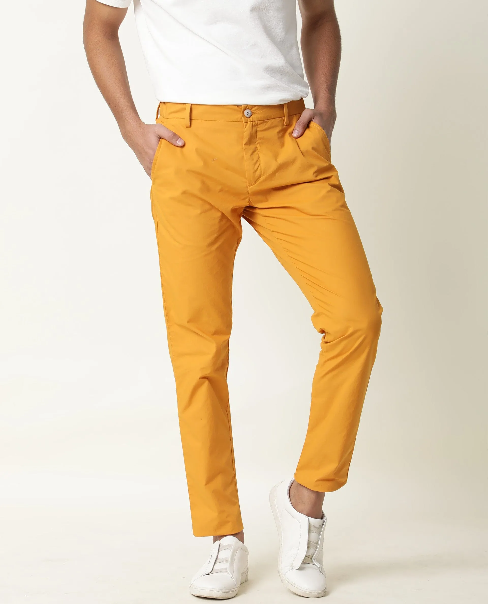 Rare Rabbit Men's Bakes Dark Mustard Solid Mid-Rise Slim Fit Trouser