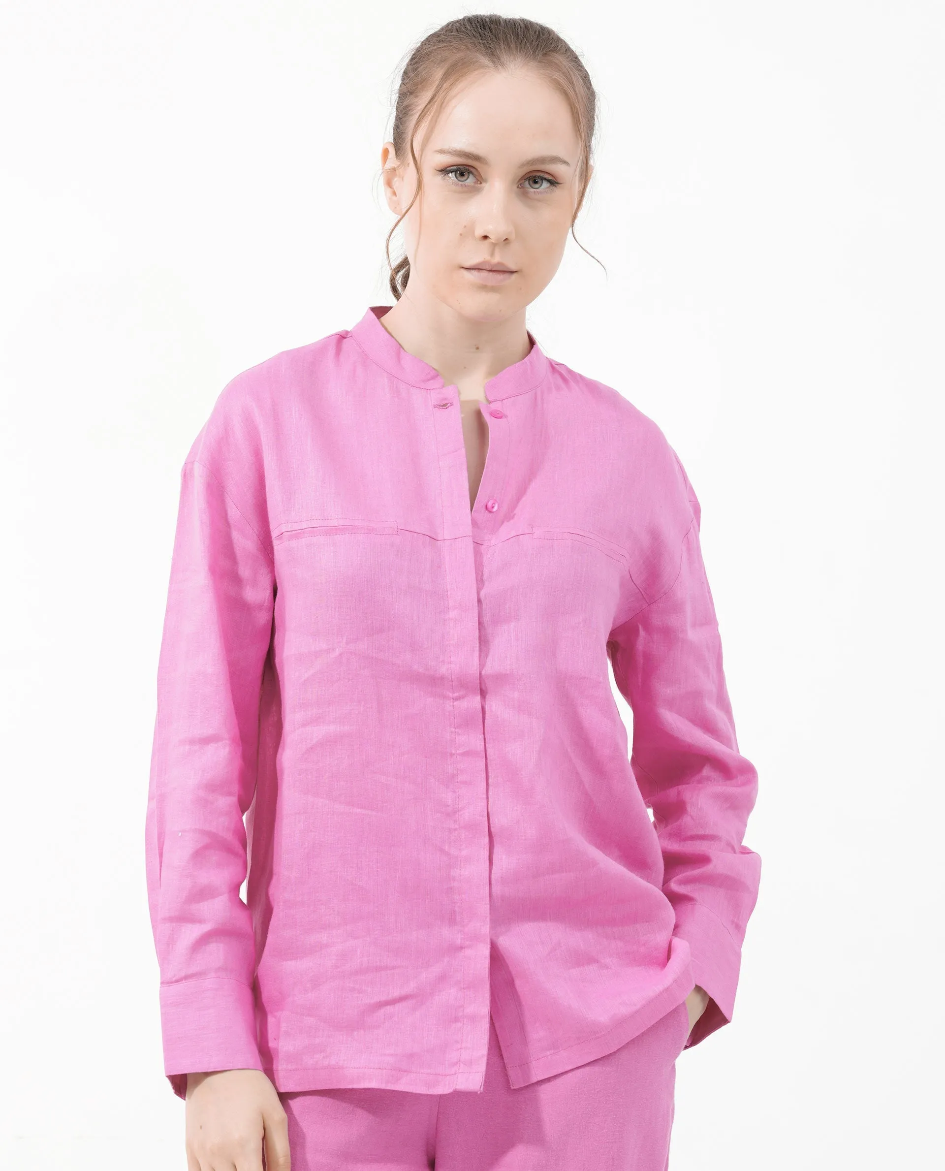 Rareism Women Aruba Pastel Pink Cotton Linen Fabric Collared Neck Solid Regular Fit Shirt