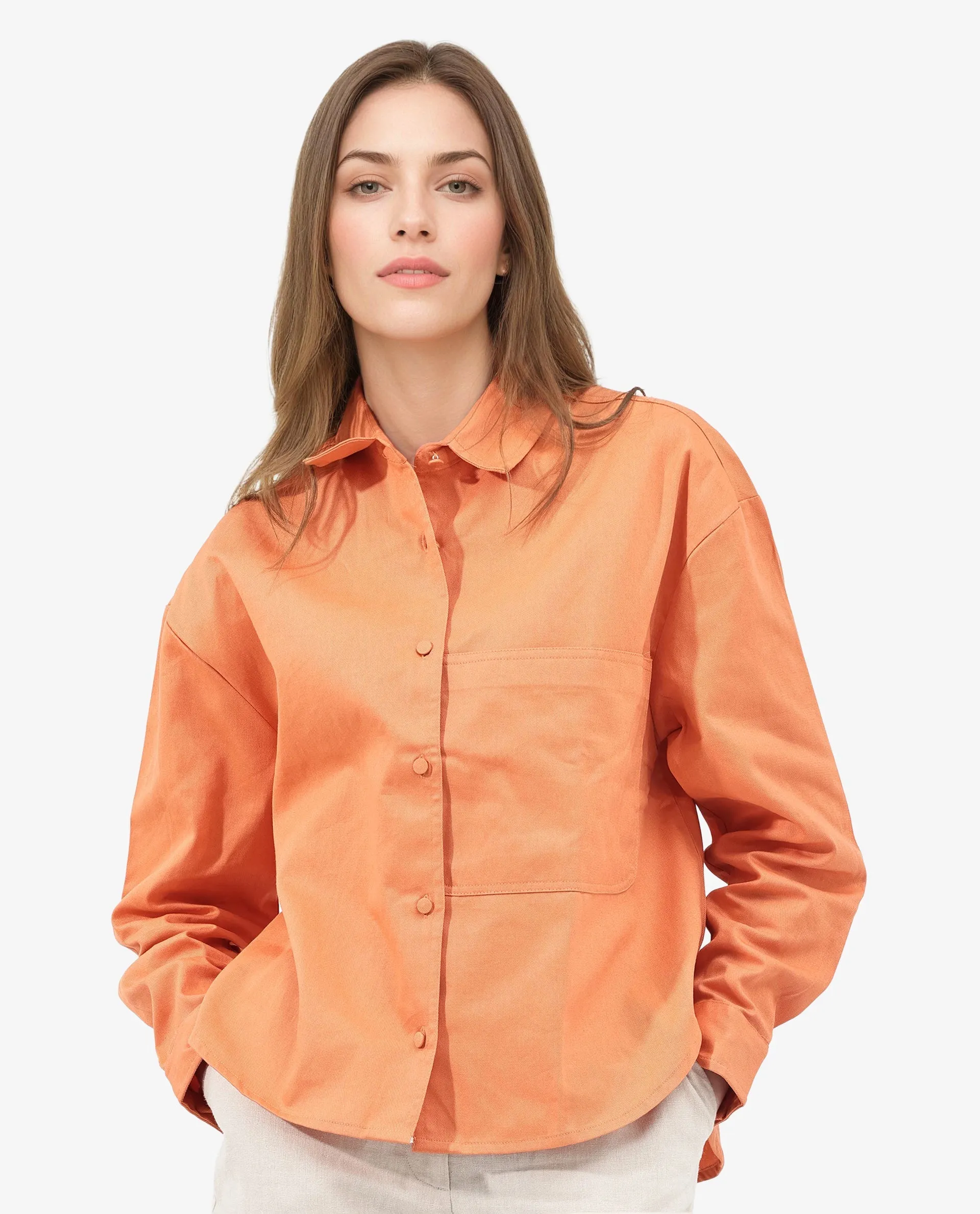 Rareism Women Harrila Orange Cotton Fabric Collared Neck Solid Regular Fit Shirt