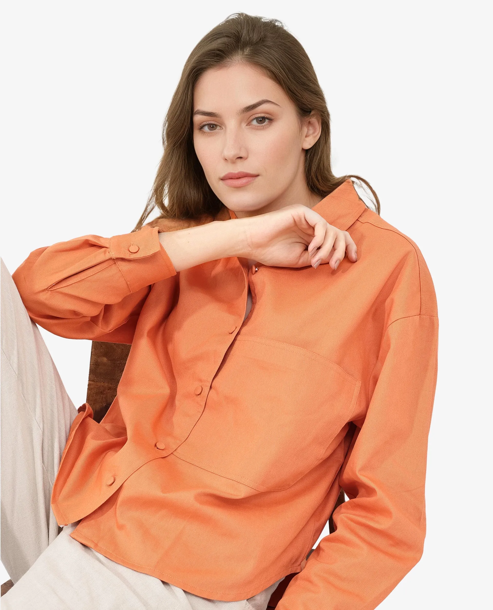 Rareism Women Harrila Orange Cotton Fabric Collared Neck Solid Regular Fit Shirt