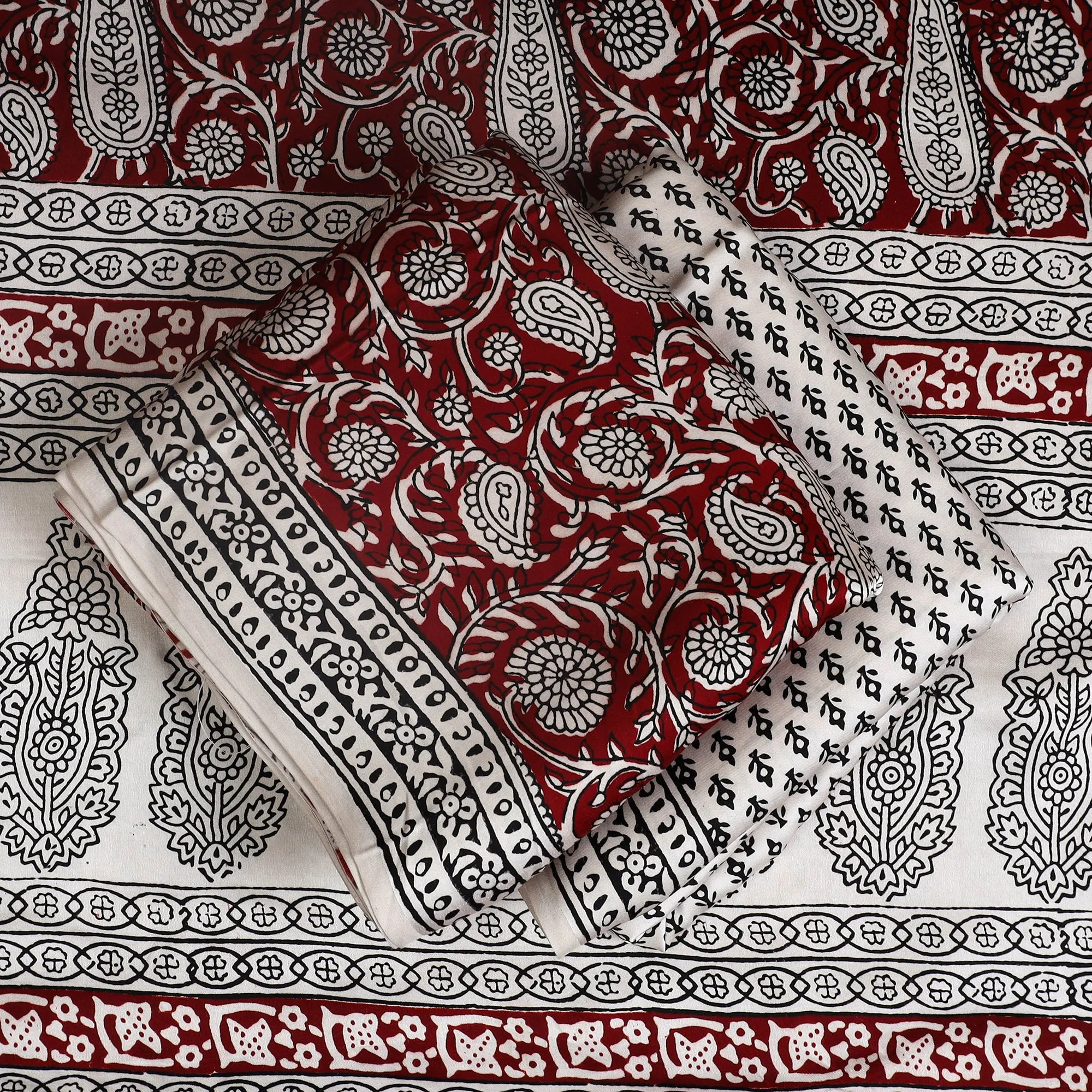 Red - 3pc Modal Silk Bagh Print Suit Material Set 05