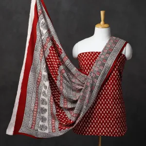 Red - 3pc Natural Dyed Cotton Bagh Print Suit Material Set 06