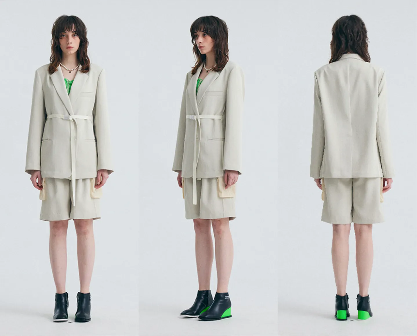 Ribbon buckled jacket green beige