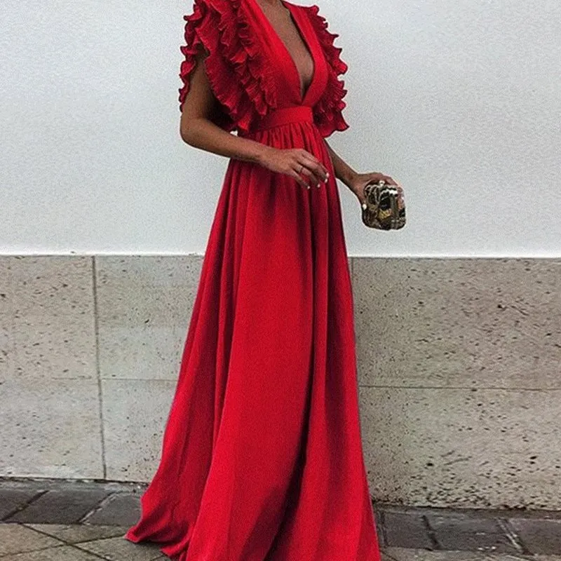 Ruffled Maxi Dress Womens Party Gown Long Dress