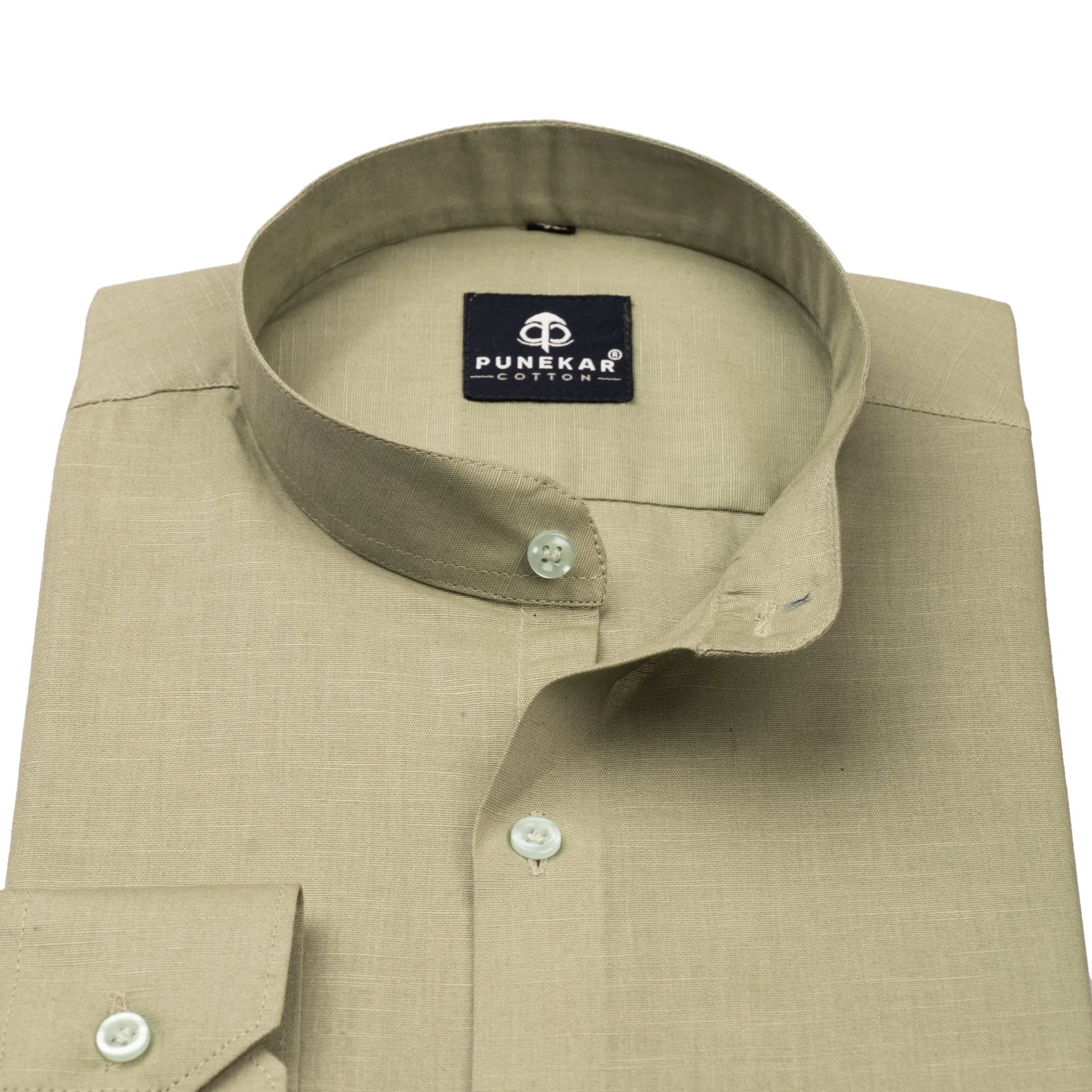 Sage Green Color Band Collar Solid Shirt For Men