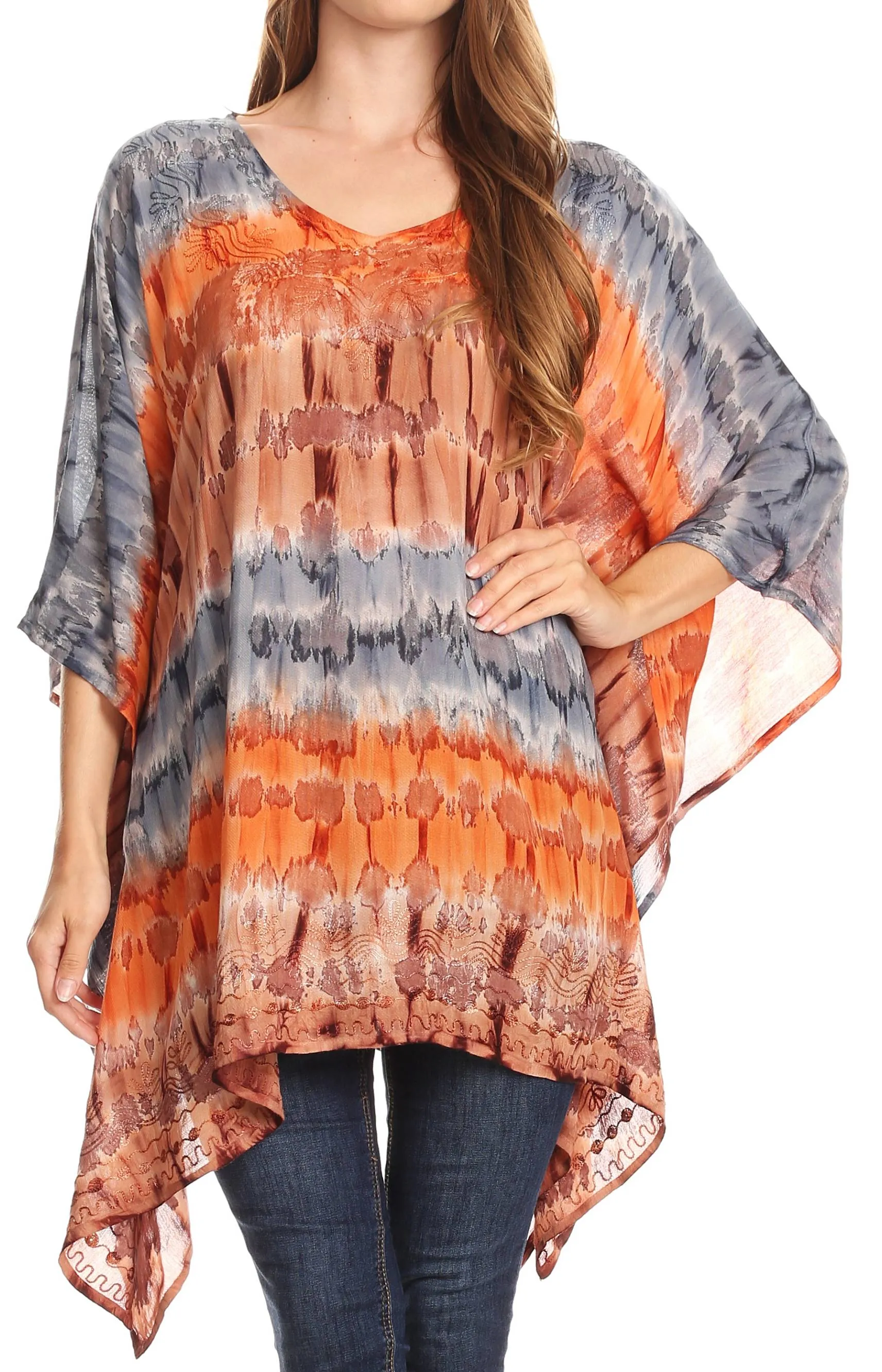 Sakkas Adalwin Desert Sun Lightweight Circle Ponch Tunic Top Blouse W / Embroidery