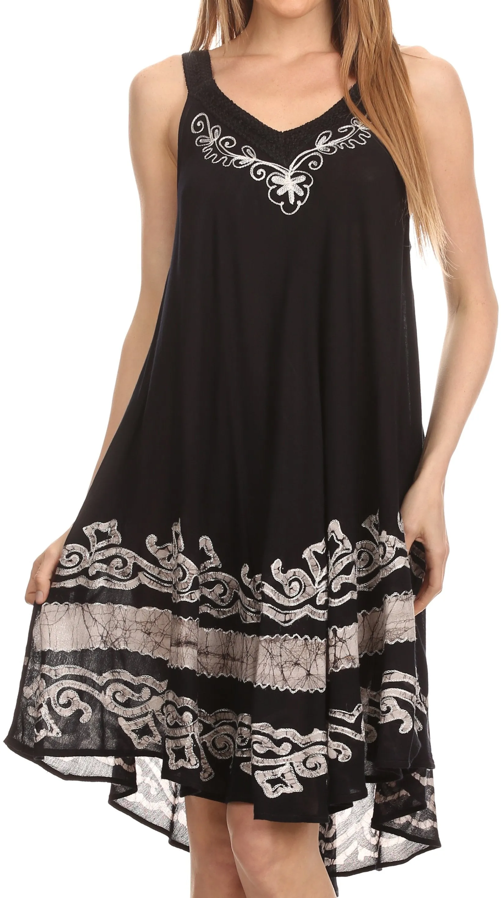 Sakkas Gasha Sleeveless Mid Length Caftan Dress With Embroidery Details And V Neck