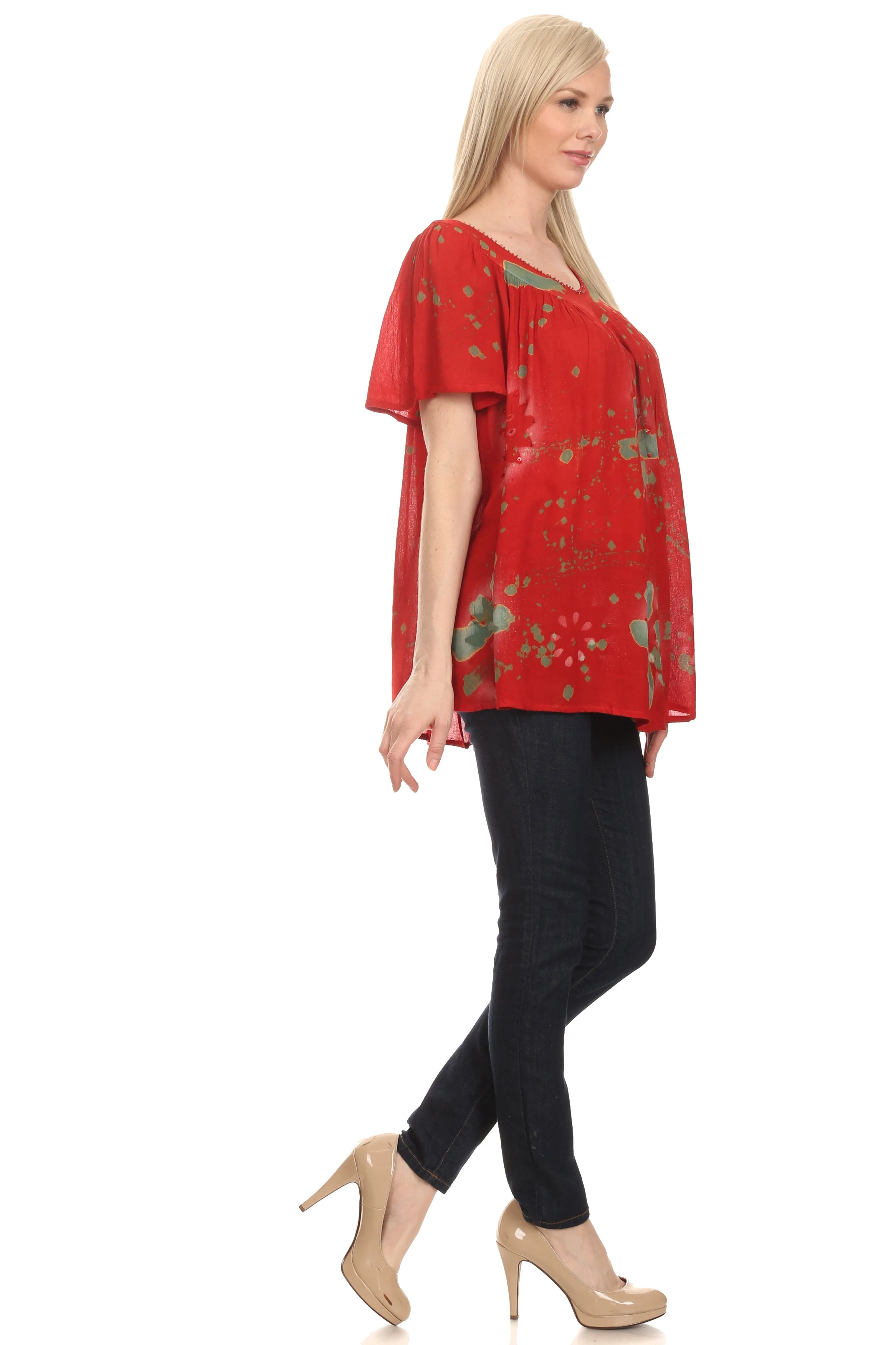 Sakkas Poppy Floral Hand Dyed Dye Pattern Top Blouse With Beaded Sequin V Neck