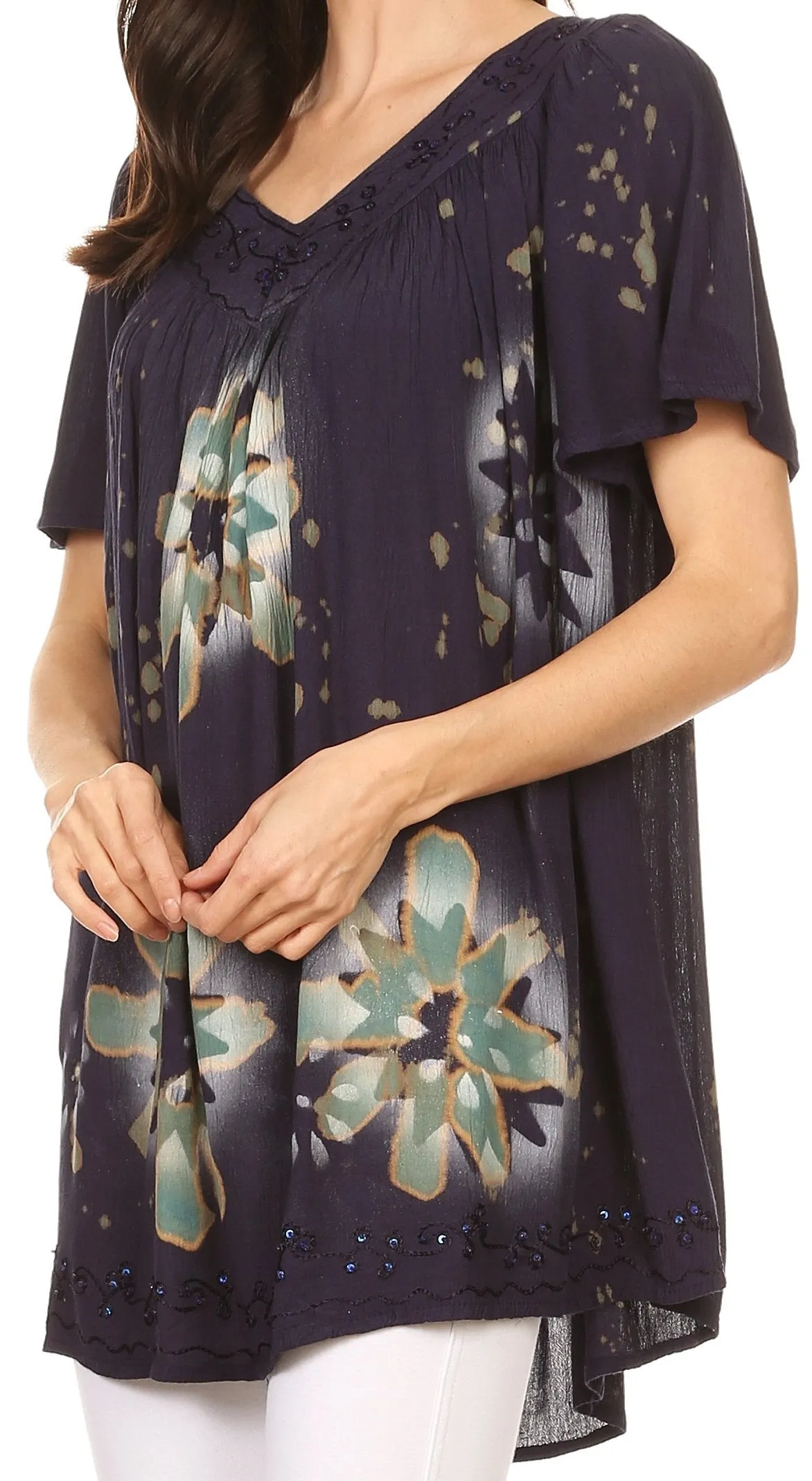 Sakkas Poppy Floral Hand Dyed Dye Pattern Top Blouse With Beaded Sequin V Neck