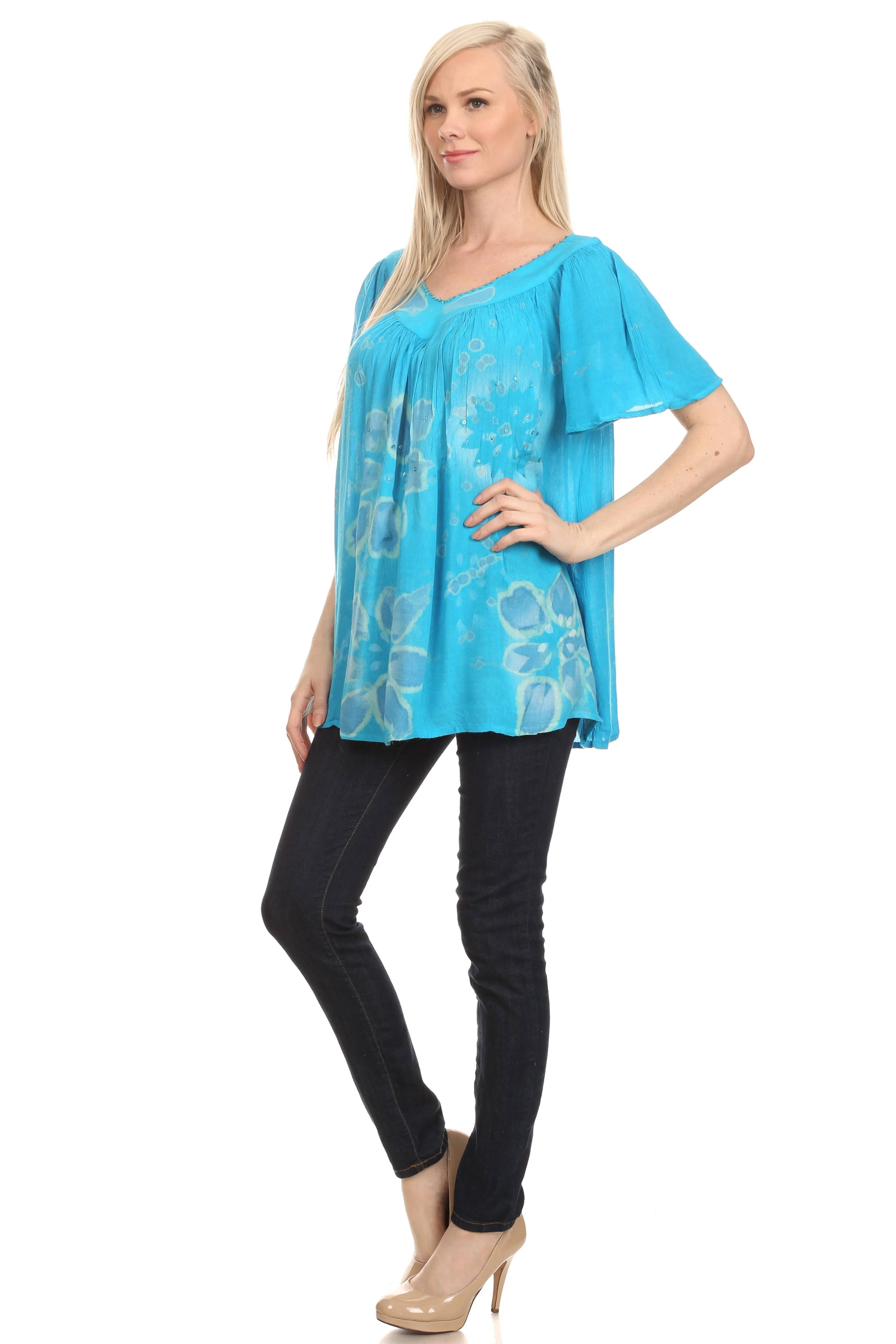 Sakkas Poppy Floral Hand Dyed Dye Pattern Top Blouse With Beaded Sequin V Neck