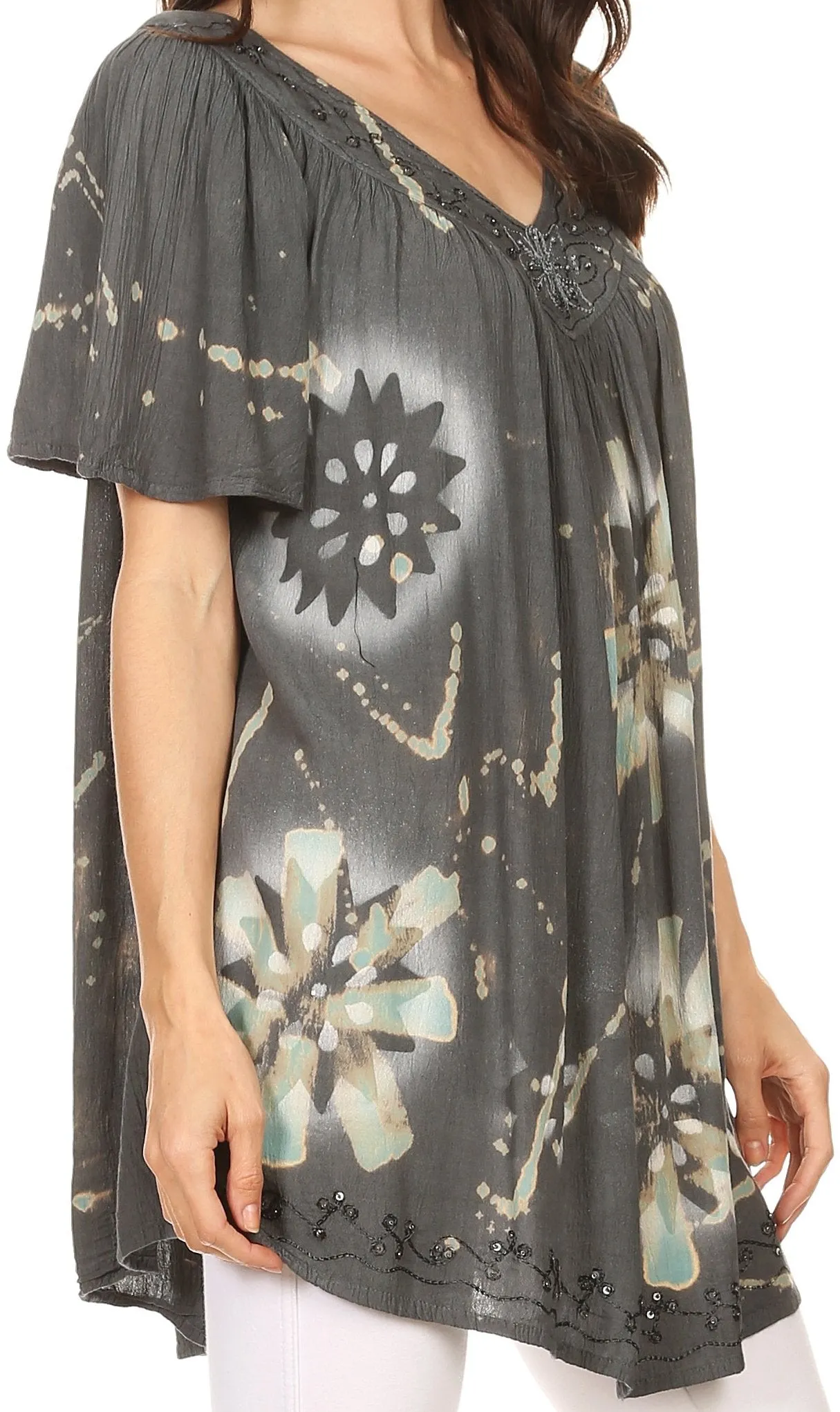 Sakkas Poppy Floral Hand Dyed Dye Pattern Top Blouse With Beaded Sequin V Neck